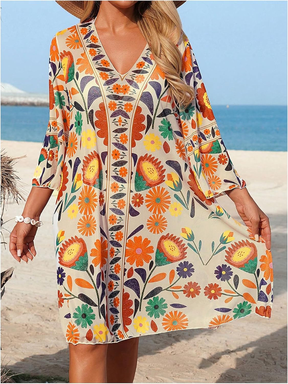 Women's Bathing Suit Cover Up Floral Mesh Boho Beach Cover Up Dress Summer Vacation Outfits - Image 3