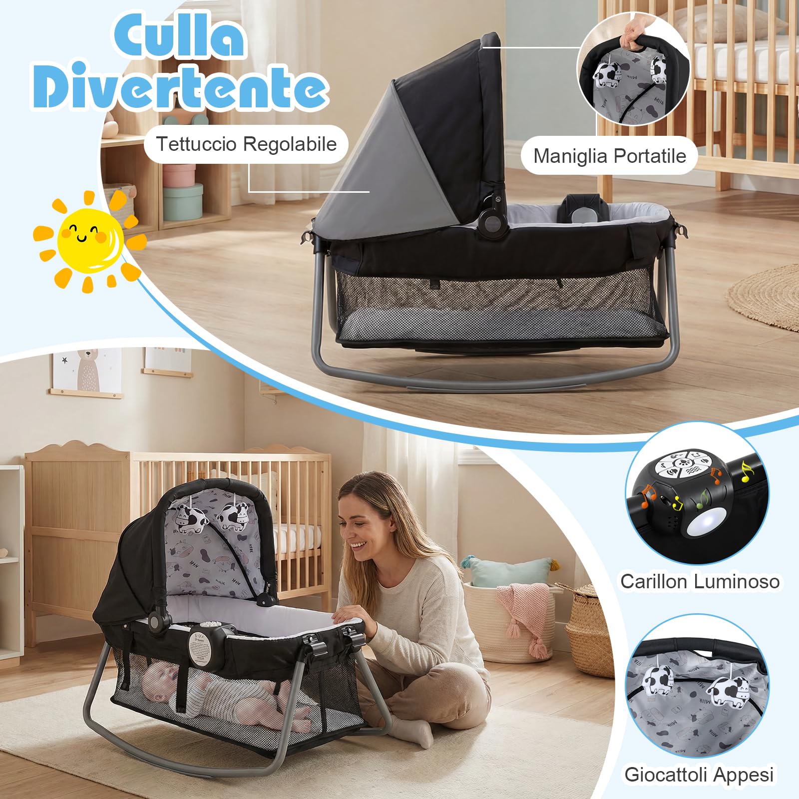 COSTWAY Culla Campeggio Bambini 5 in 1, Lettino Viaggio Neonati Pieghevole con Materasso, Fasciatoio e Tettoia, Box Portatile con Ruote, 2 Giocattoli Appesi e Carillon, per Bambini 0-3 Anni (Bianco)