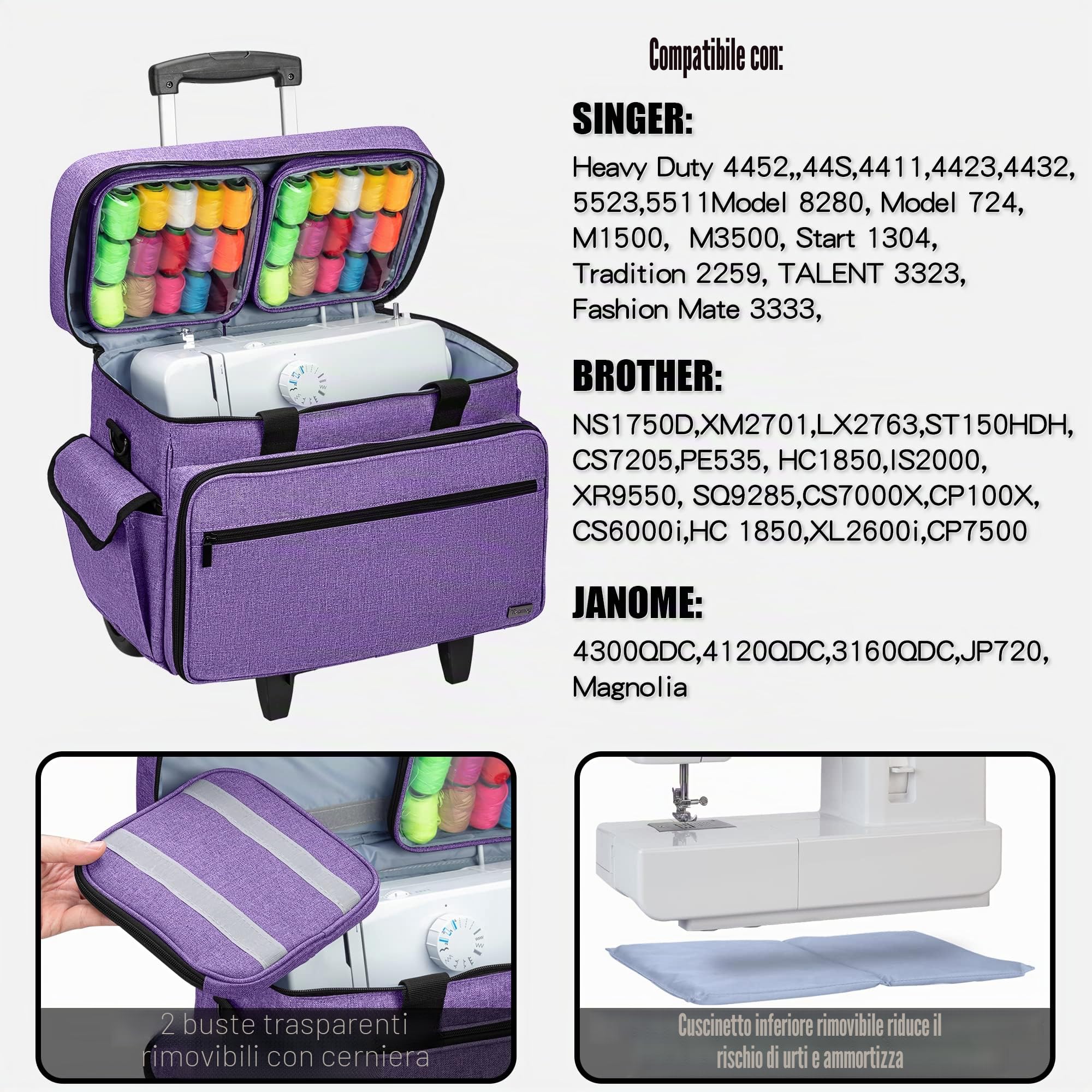 Teamoy Borsa Trolley per Macchina da Cucire, Trolley Staccabile con Pad di Supporto Inferiore, Compatibile con Singer, Brother e la Maggior Parte Delle Macchina da Cucire,