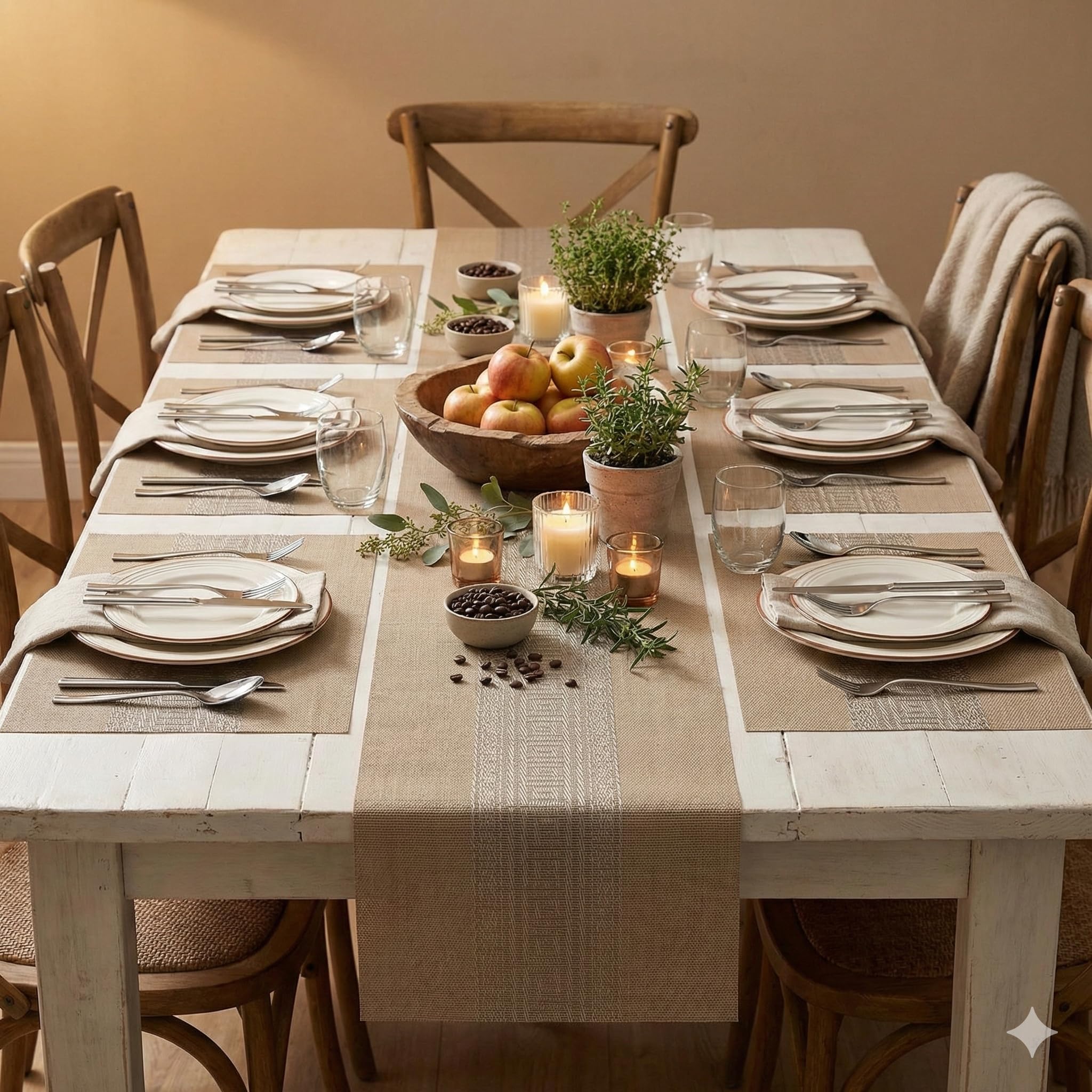 YELONA Placemats and Table Runner Set – Heat Resistant, Non-Slip & Washable PVC Vinyl Dining Table Mats – Peanut Brown (6 Placemats: 45x30 cm, 1 Runner: 180x30 cm)