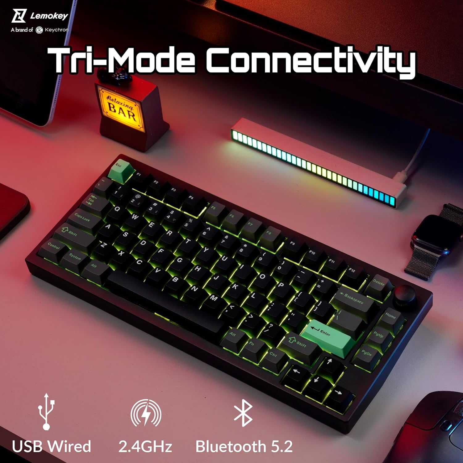 LEMOKEY P1 HE 75% Wireless Custom Mechanical Gaming Keyboard with Gateron Double-Rail Magnetic Switches Full Assembled Knob Version - Black