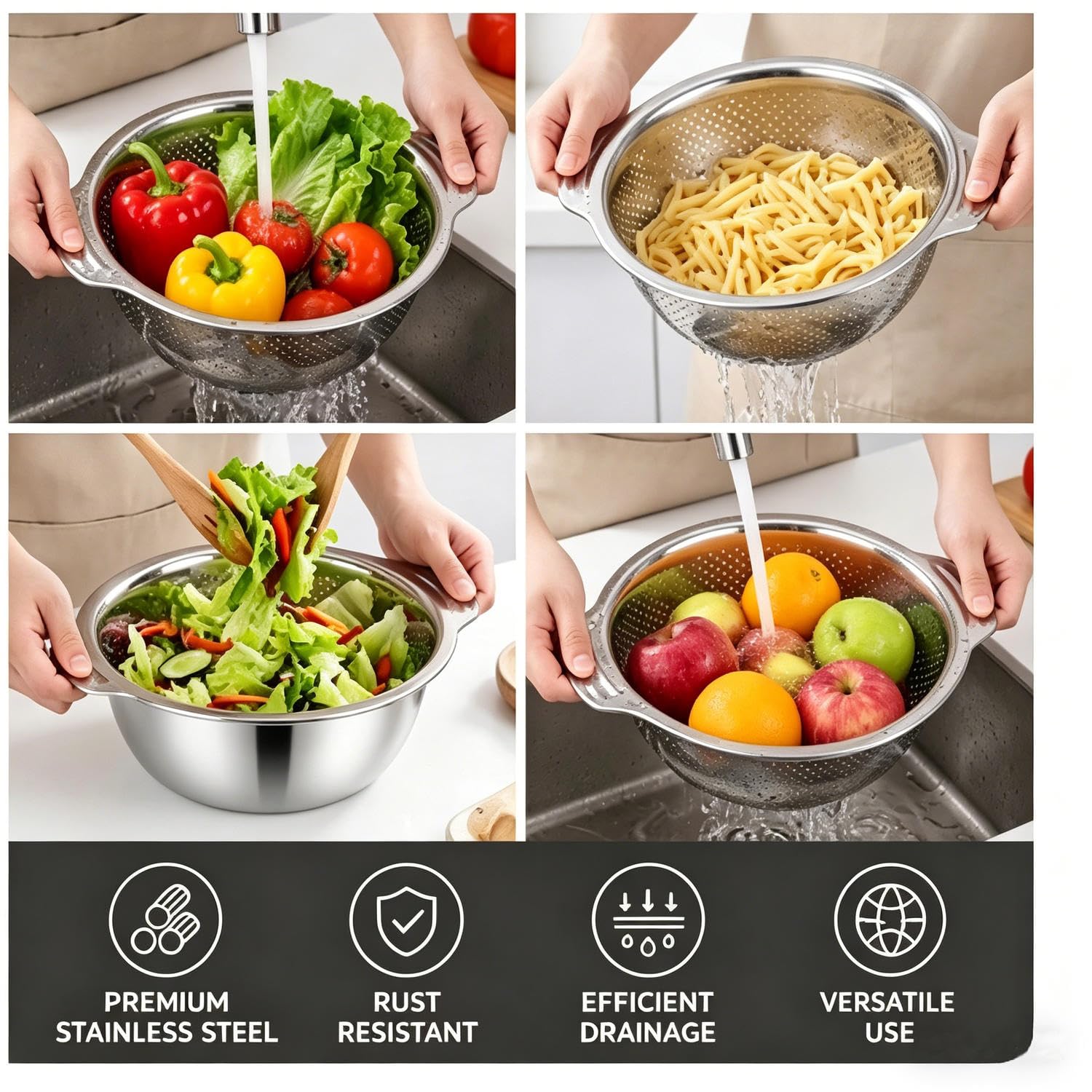 Defaun Edelstahl-Sieb und Rührschüssel-Set, robust, extra dick, Küchensiebkorb mit Griffen zum Abtropfen von Nudeln, Gemüse, Obst, spülmaschinenfest und rostfrei
