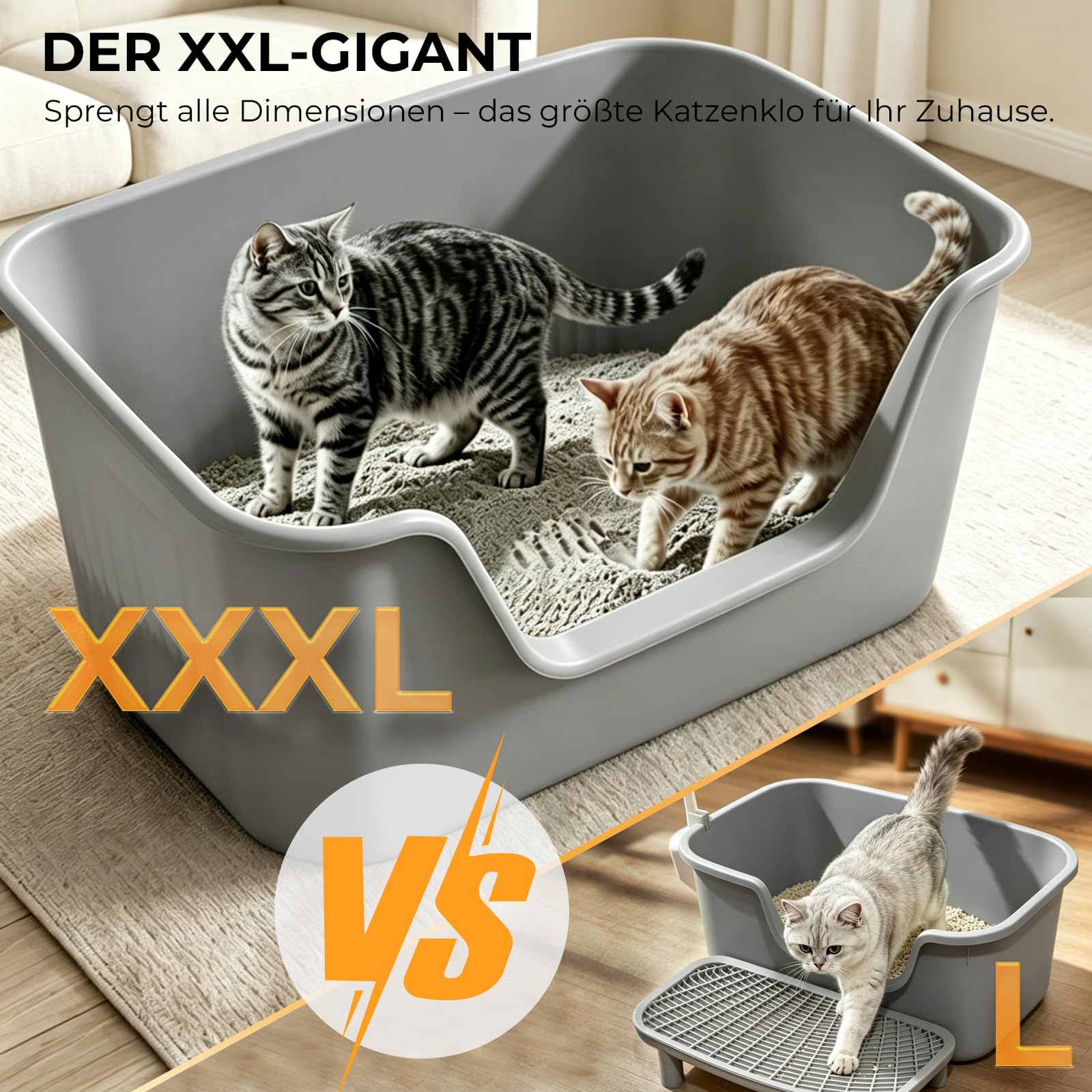 XXL Katzenklo Riesig (126L) – 78,5x54,5x40,9 cm, Grau – Extra hoch, mit Matte & Schaufel, für Maine Coon & Mehrkatzenhaushalt