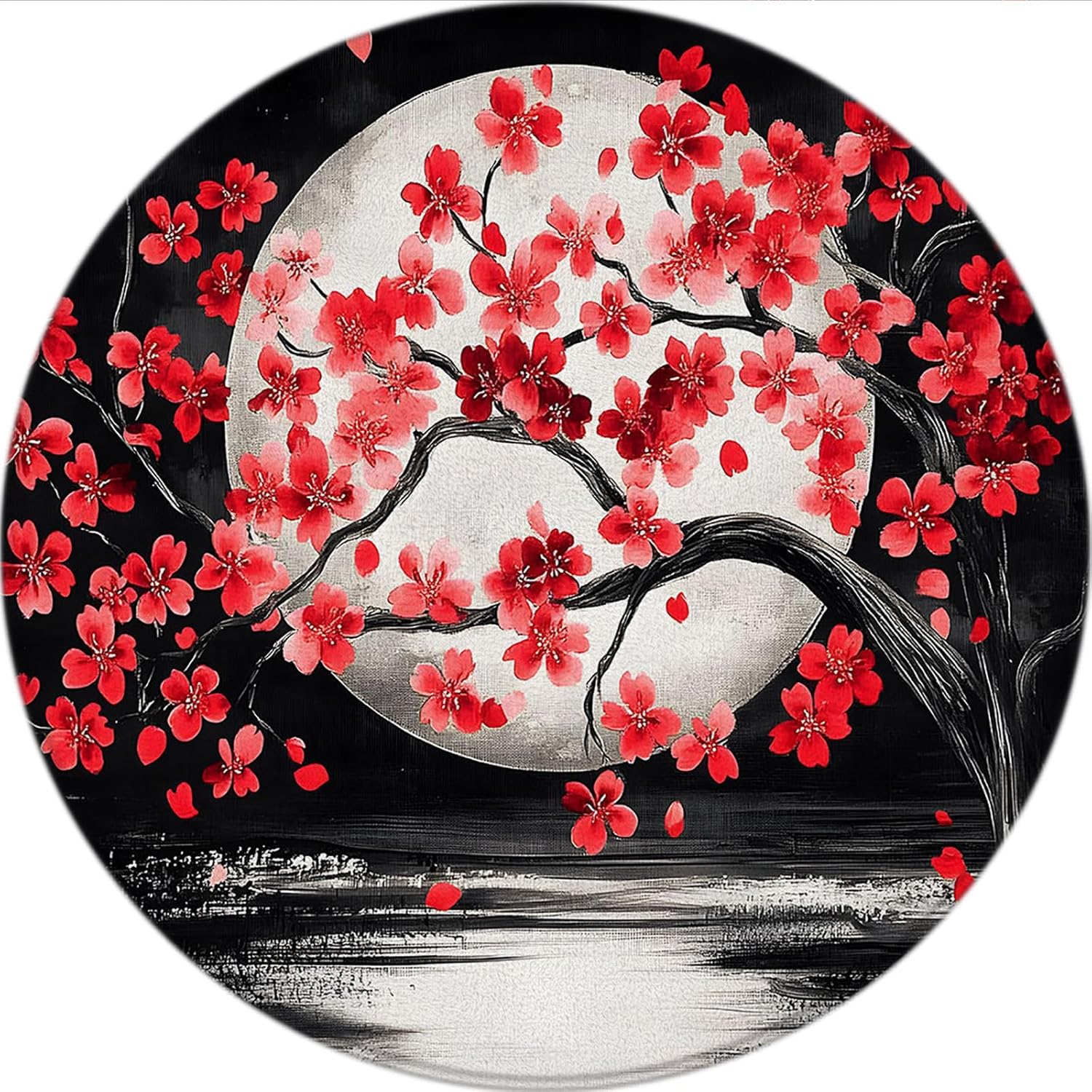 Asian Round Area Rug Red Cherry Blossom Branch Moon Japanese Floral Ocean View Chinese Traditional Ink Painting Circle Rug Non Slip Mat for Studyroom Living Room Bedroom Bathroom Decoration 5.2 Ft