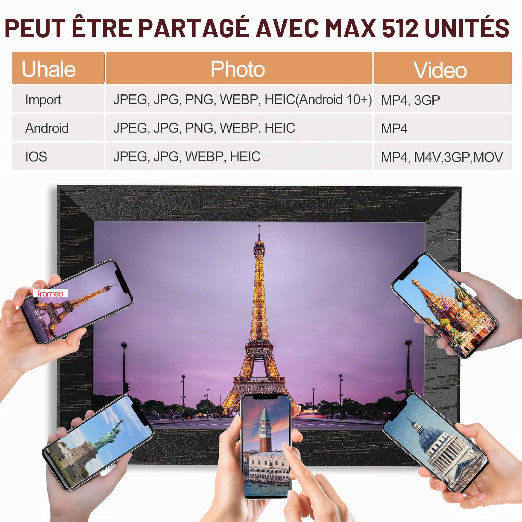 Cadre Photo numérique Wi-FI de 10,1 ", écran Tactile IPS 1280 x 800, Noyer 16G, partagez des Photos ou des vidéos Via l'application Uhale app