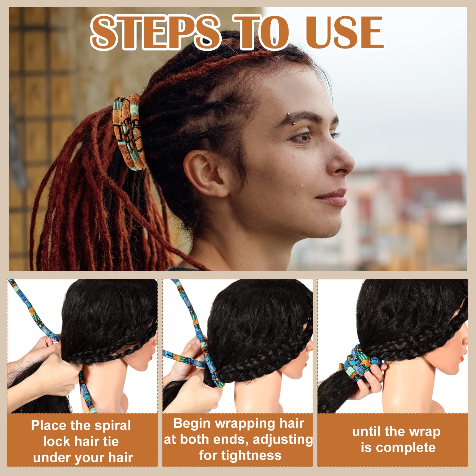 Haargummis mit Spiralverschluss, Dreadlock-Zubehör, Eisendraht, eingebetteter Pferdeschwanz-Halter, blau-braun, Wolken-Stil, Loc Haar-Accessoires, biegbar, lange Dreadlock-Bänder für Damen und Herren
