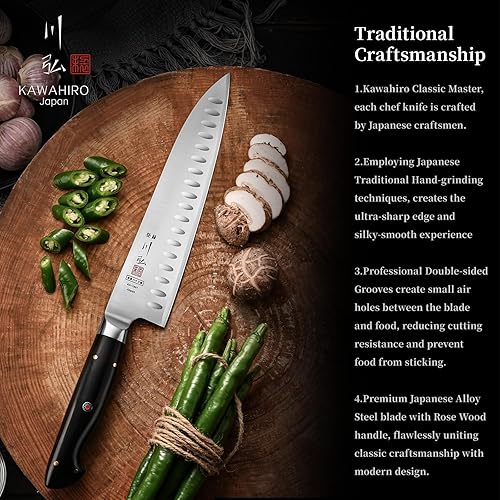Miniatura 7 de KAWAHIRO Cuchillo de chef japonés, de 8.27 pulgadas, hechos a mano, de acero de aleación de alto carbono, cuchillo de chef hueco profesional con