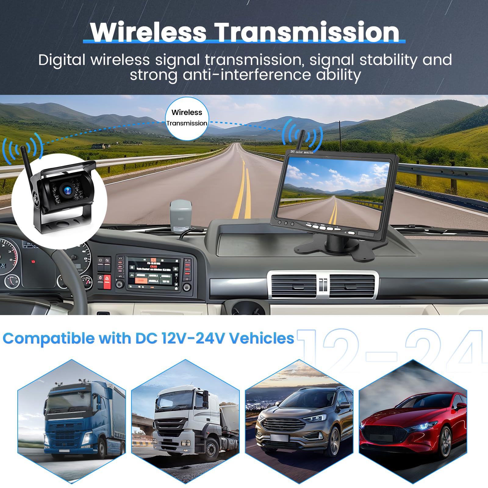 Kit de Camera de Recul sans Fil pour Voiture 2 Caméras avec écran 7'', Caméra de Vision Nocturne/étanchéité IP67, Caméra de Recul sans Fil pour Camping Cars, Camions et Caravanes/DC 12-36V