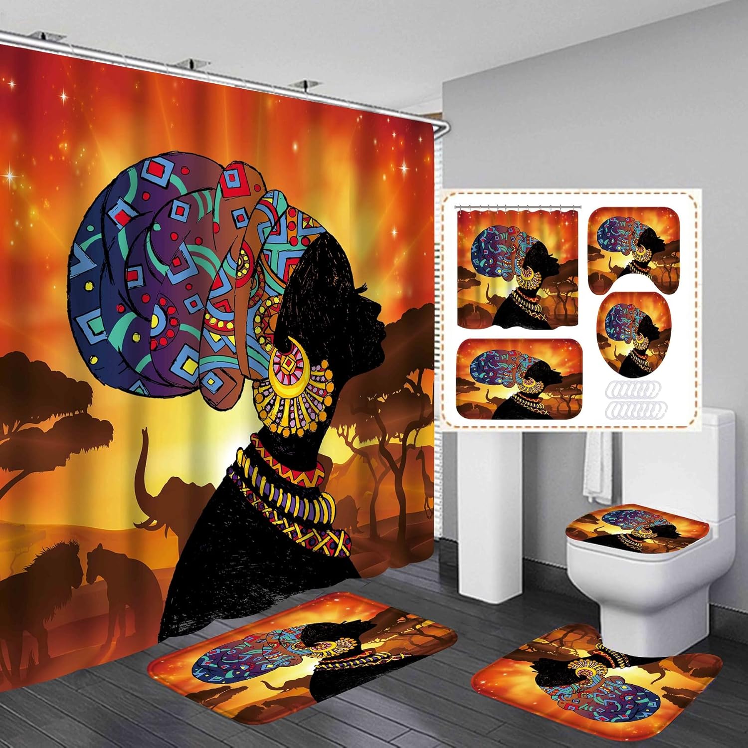 Classic African American Shower Curtains for Bathroom, 4PCS