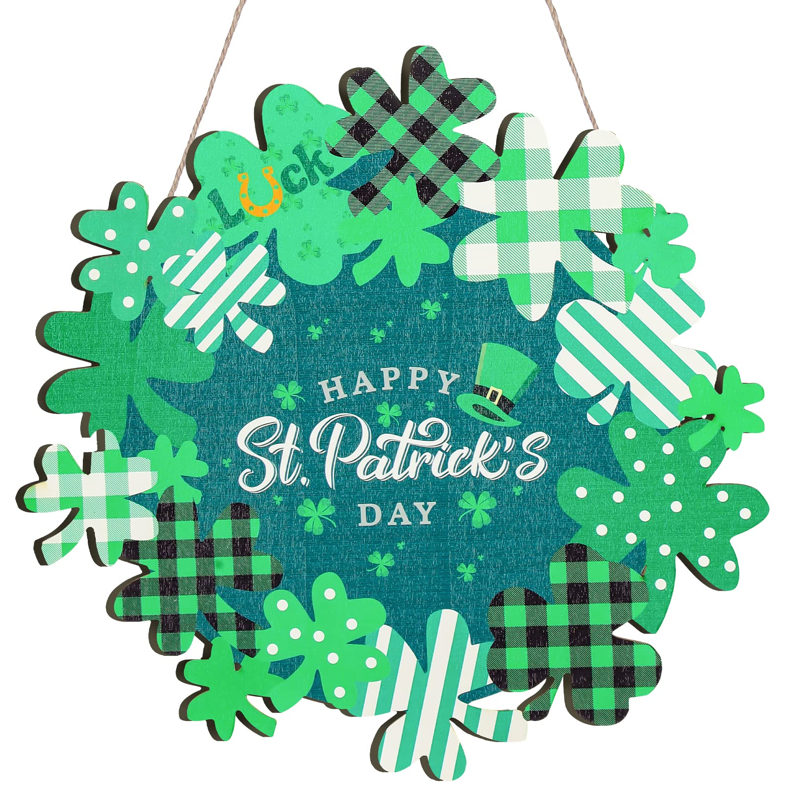 Happy St Patrick's Day Decorations Wreath Shamrock Door Sign Green Wooden Hanging Wreath Ornament Decor Lucky Holiday Hanger Saint Irish Farmhouse Sign for Porch Home Wall Window with Rope