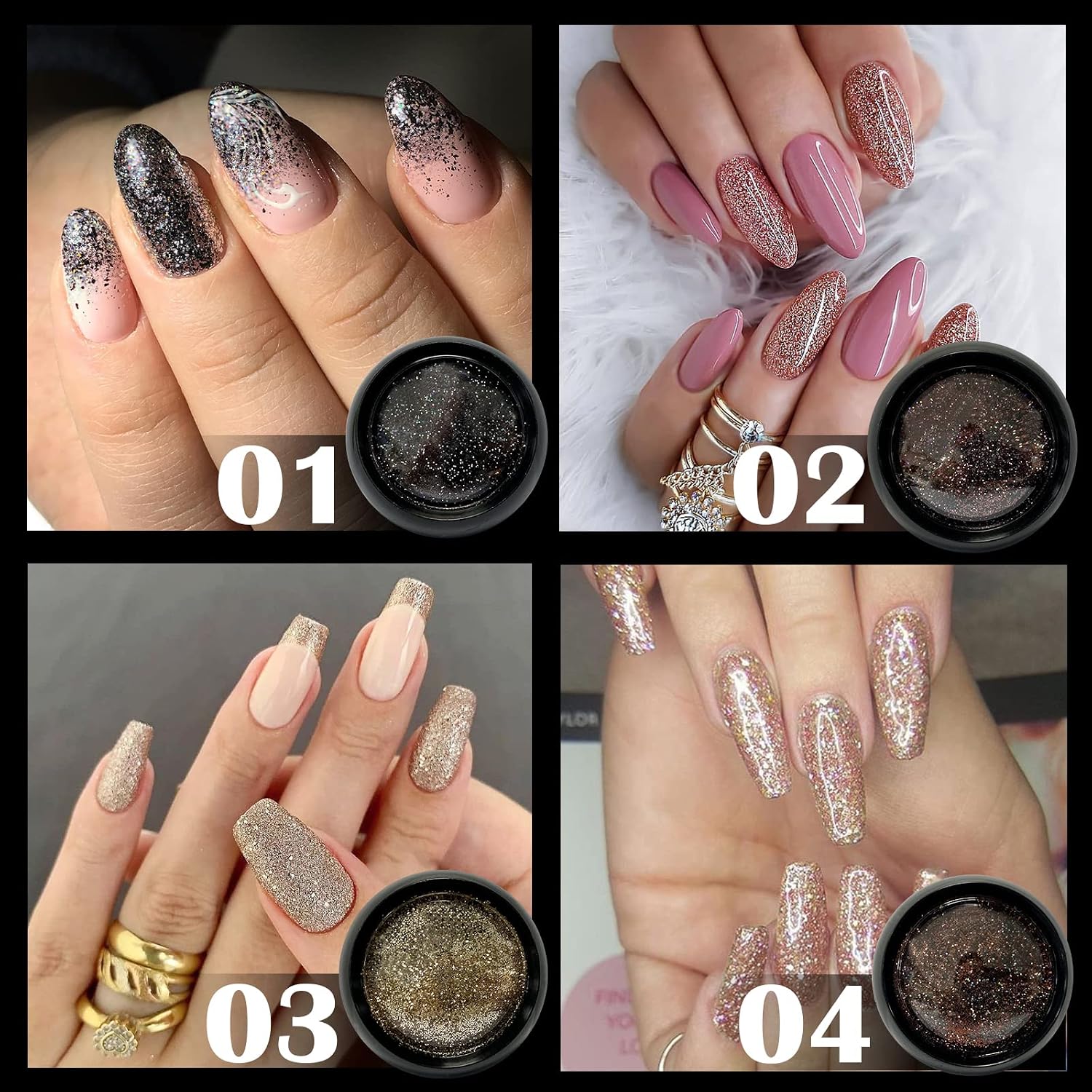 DAGEDA 6 Color Crystal Chrome Nail Powder Set, Holographic Diamond Nail Powder Art Decoration, Sugar Glitter for Nails Art Gel Polish Dip Powder Designs Manicure Pigment
