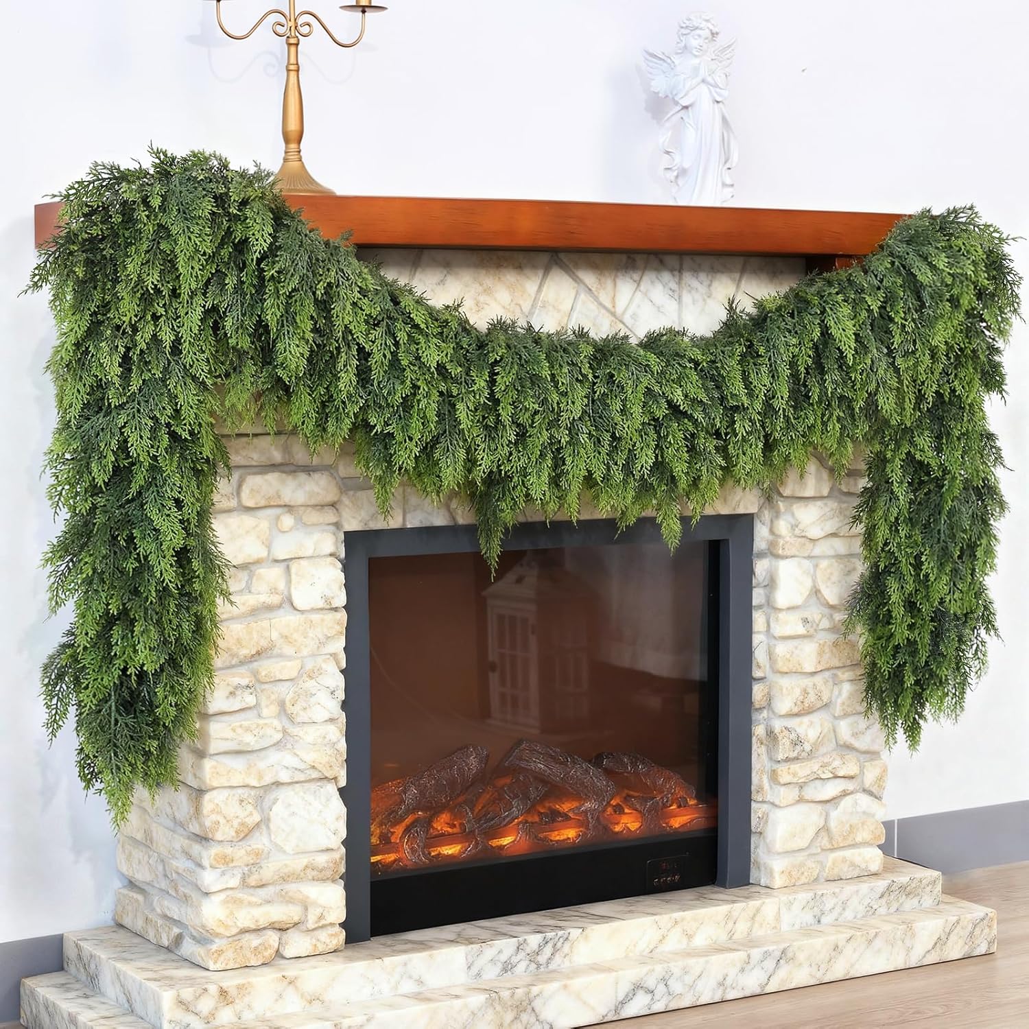 Christmas Cedar Garland - 9ft Artificial Cedar Garland Faux Lush Green Fake Pine Needles for Fireplace,Table,Window,Stairs,Mante,Holiday Indoor Outdoor Xmas Decor(2PCS) 2 9 FT