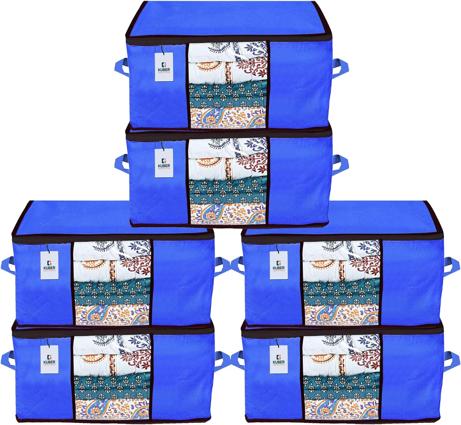 Kuber Industries Underbed Storage Bag|Organizer For Clothes Large|Non-Woven Comforter, Blanket Cover|Transparent Window & Premium Zipper|Side Handles|Pack of 6 (Blue)