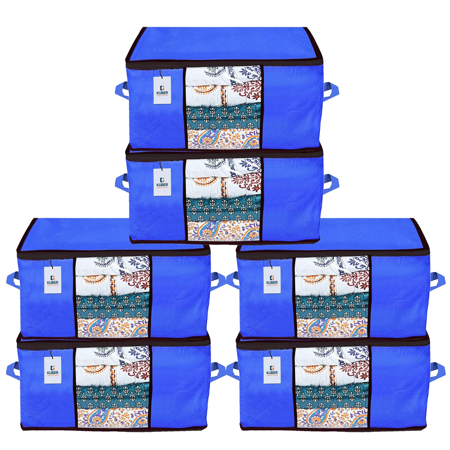 Kuber Industries Underbed Storage Bag|Organizer For Clothes Large|Non-Woven Comforter, Blanket Cover|Transparent Window & Premium Zipper|Side Handles|Pack of 6 (Blue)