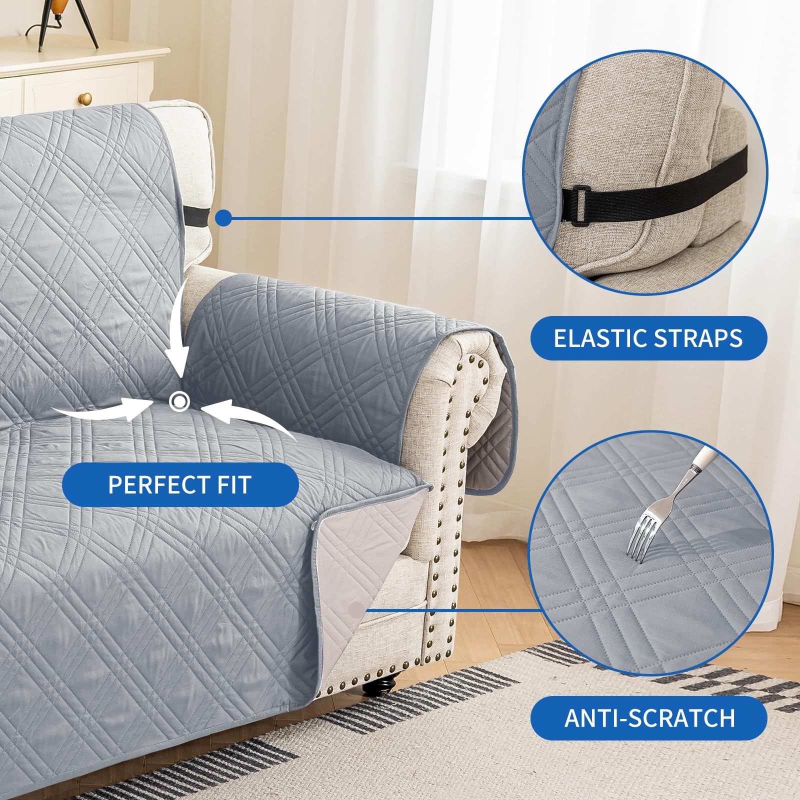 Ystyle Copridivano 3 Posti Con Braccioli, Reversibile Copri Divano Antigraffio Per Gatto Gatto, Copertura Divano Trapuntato Doppio Lato, Universale Sofa Cover, Grigio Chiaro + Beige
