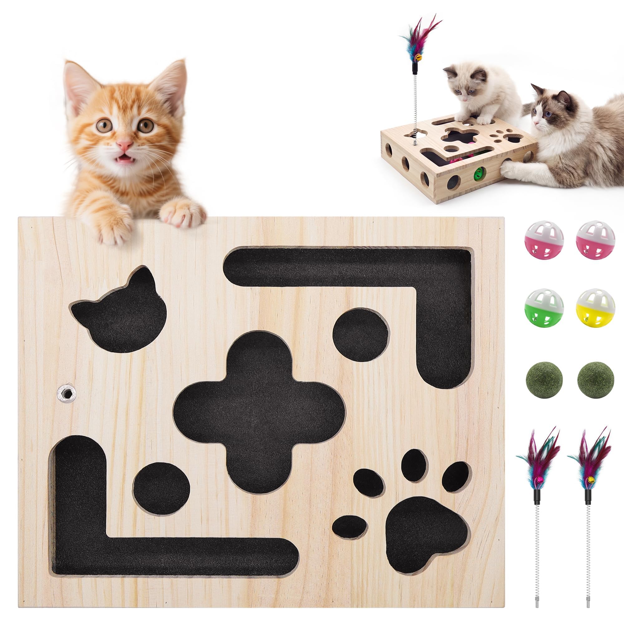 Cat Toys for Indoor Cats - Cat Nail File Box with Interactive Cat Toys, 2026 Upgraded Cat Puzzle Feeder Scratch Puzzle Toy, Natural Claw Care with 2 Wand Toys&Catnip Ball&4 Bell Ball（Random Colors - Birch color