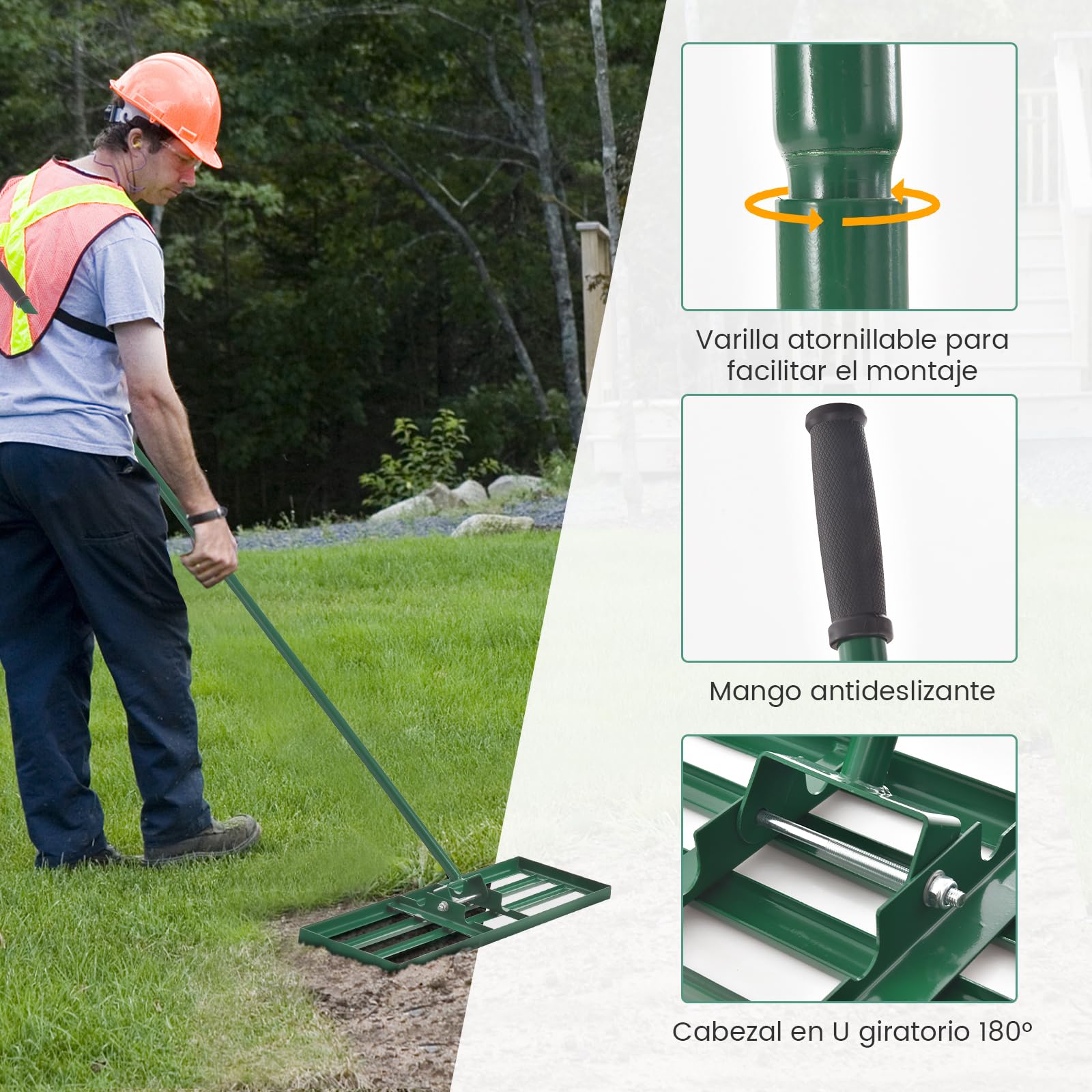 GOPLUS Rastrillo de Nivelación de Césped, Rastrillo Jardín con Mango Ergonómico 170 cm, Nivelador para Jardinería, Paisajismo, Nivelación, Patio, Campo de Golf (Verde 91 x 25 cm)