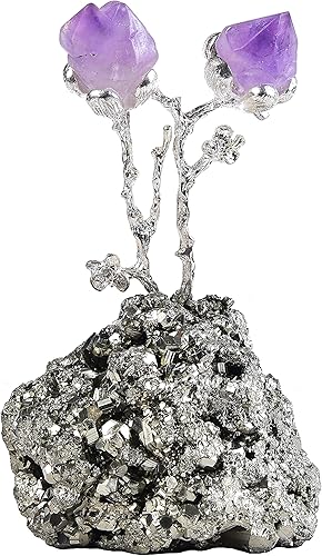 AMOYSTONE Árbol de flores de amatista natural envuelto en base de pirita de cuarzo árbol de piedra curativa árbol de dinero para riqueza y suerte