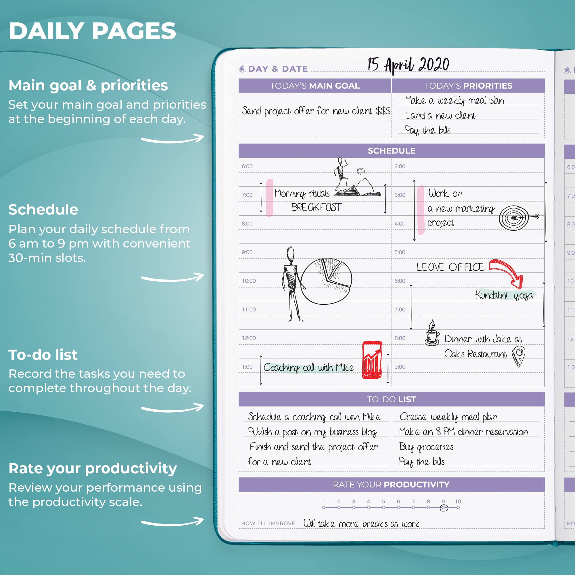 Clever Fox Daily Planner 2nd Edition - Undated Time Block Task Organizer with Hourly Schedule & To-do list - A5, 6 Months (Aquamarine) - Image 3
