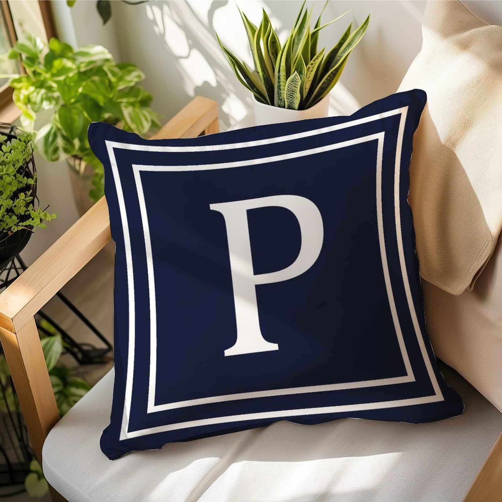 Madcolitote Monogram Initial Letters P Throw Pillow Cover Navy Blue Pillow Case 16x16in Alphabet Letter Cushion Cover Pillow Covers Home Decor for Bedroom Living Room Sofa