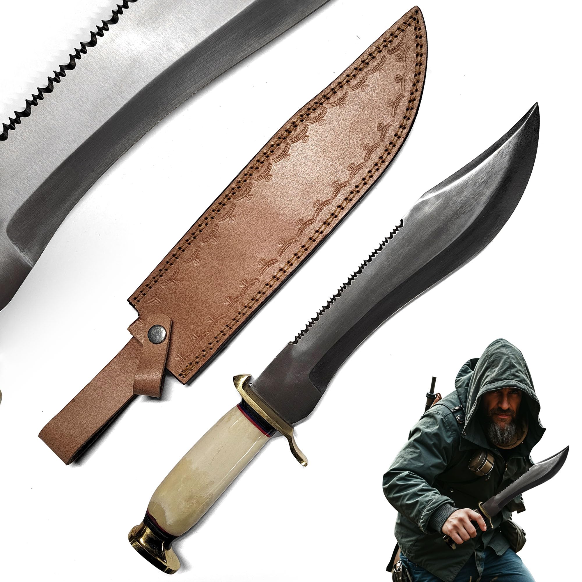 Swords and more Mick Crocodile Dundee Jagdmesser – 44,5 cm Bowie-Messer aus 440 Edelstahl – Inkl. Lederscheide – Legendäre Filmreplik für Sammler & Outdoor-Fans