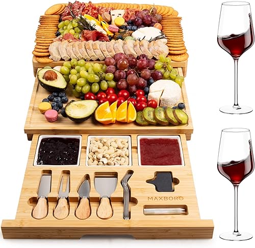 Maxboro Juego de 2 tablas de embutidos extra grandes y copas de vino tinto