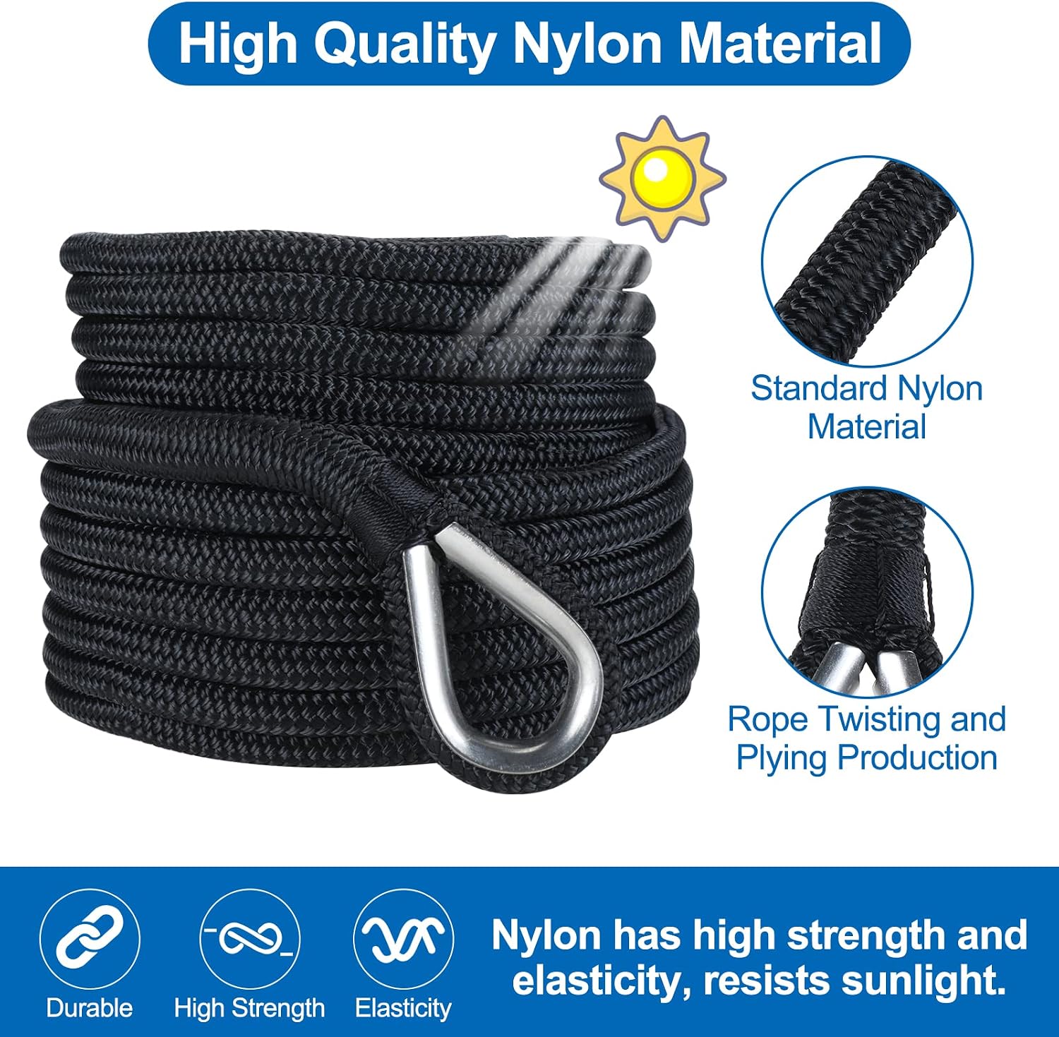 Double Braid Nylon Anchor Rope 5/8 Inch x 150 Feet with Stainless Steel Thimble-High Strength Anchor Line Safe Workload: 1600LBS;Tensile Strength:9000 LBS