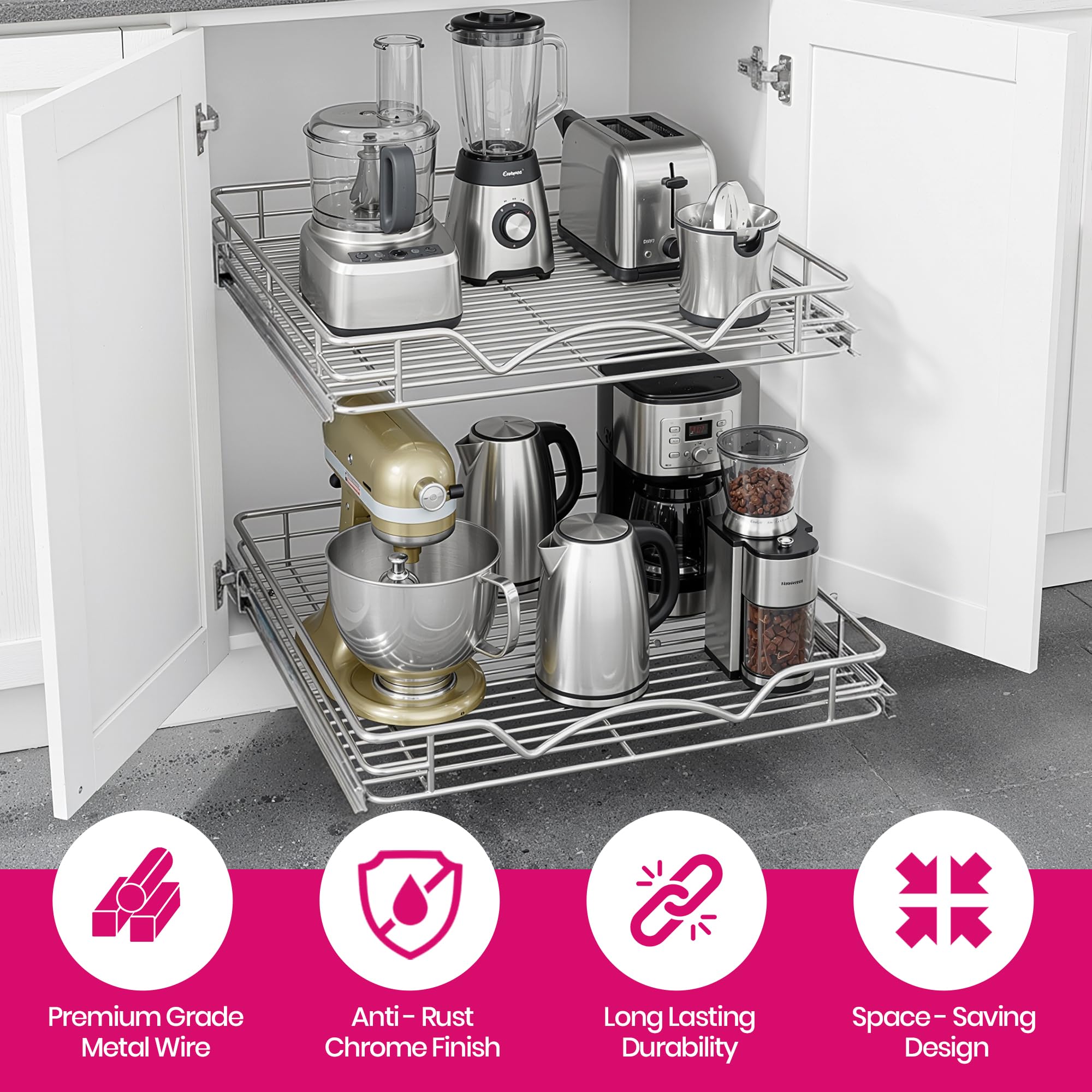 Hold N' Storage - Organizer per armadietti estraibili a 2 livelli, in metallo resistente, 21,6 cm di larghezza x 53 cm di profondità x 41,6 cm di altezza