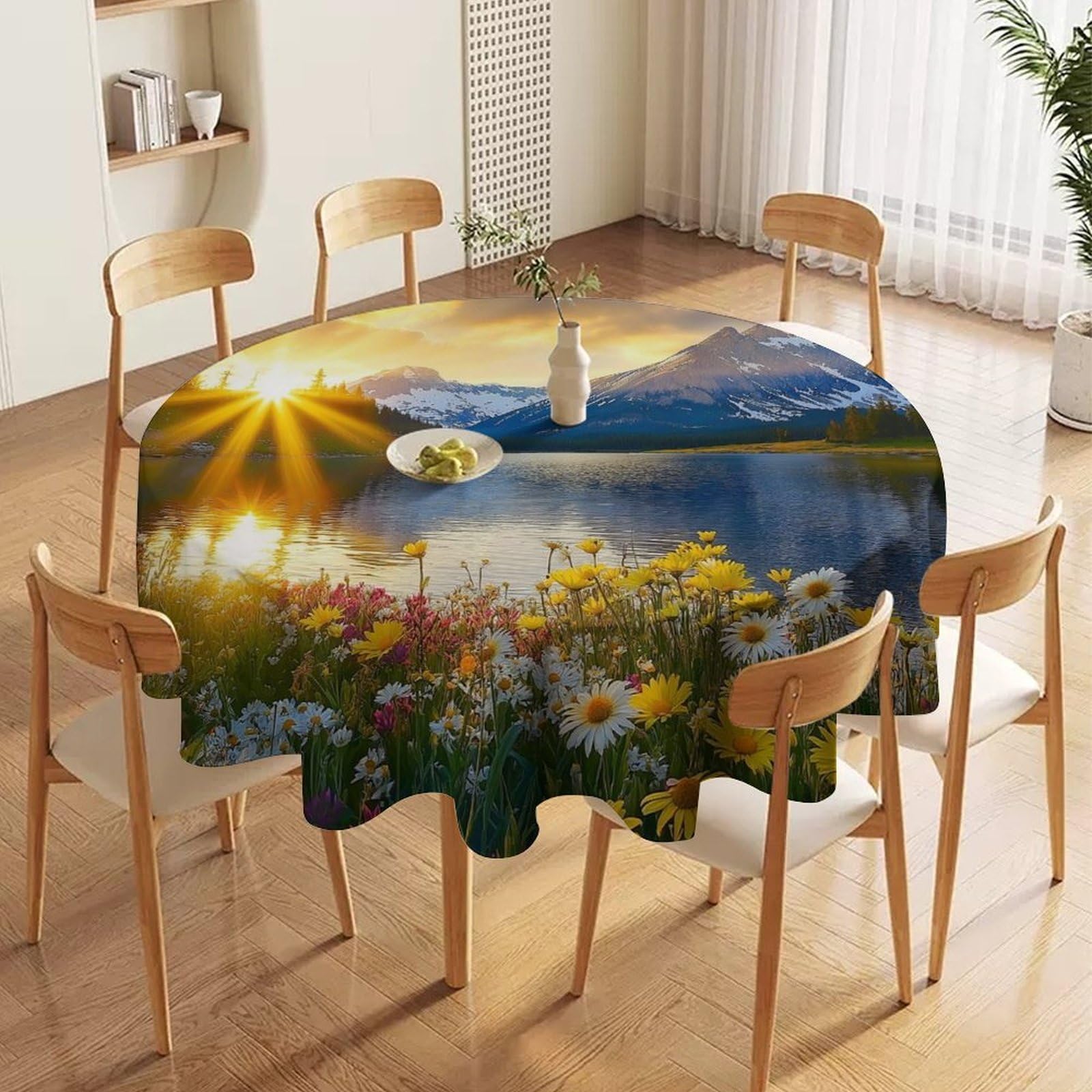ORDOBO 3D Print Round Tablecloth - Seaside Town Waterproof Dust-Proof 3D Print Table Cover For Dinner Kitchen Garden Fashion Home Countertop Decoration 177X177Cm