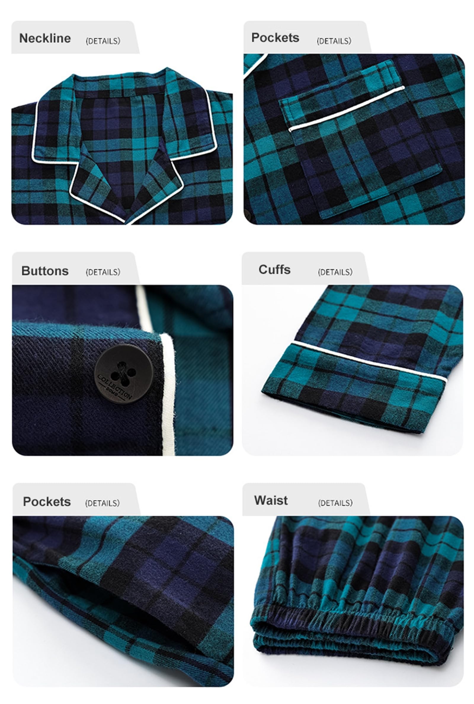 Pigiama da Uomo a 2 Pezzi Set Manica Lunga Classico Plaid Button Down Pigiameria Loungewear Pjs Set L-3XL