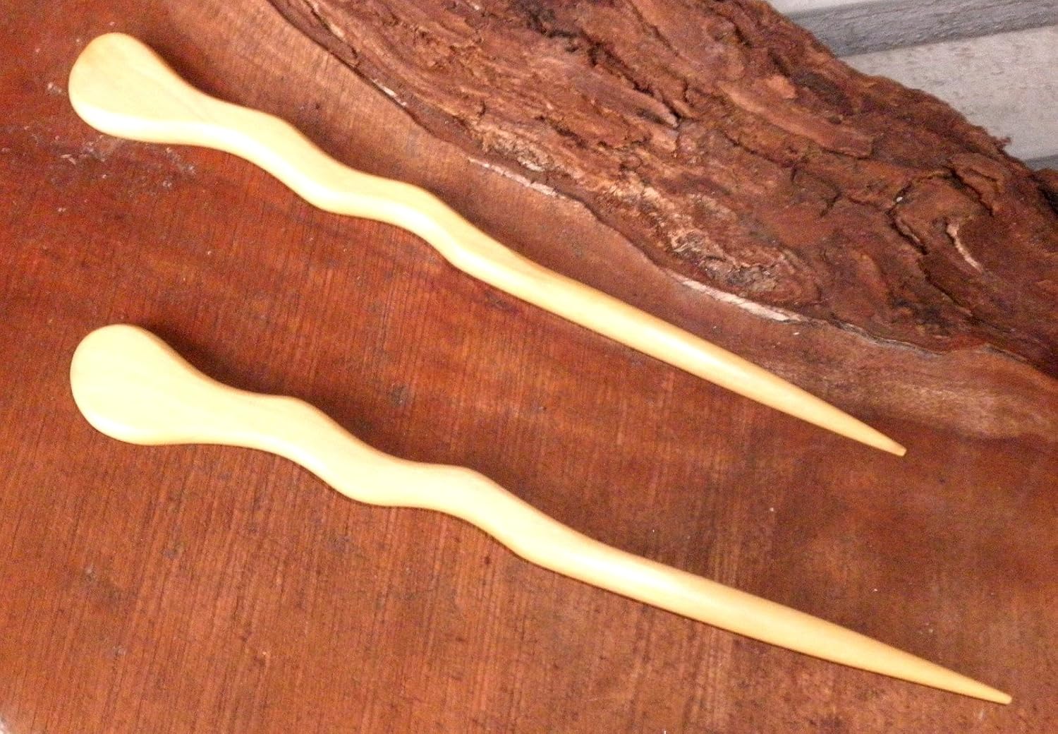 JWL (2) Yellow Teak Spiral 6" Hair Stick Pick Pic Pin Fork - Hawaiian Style