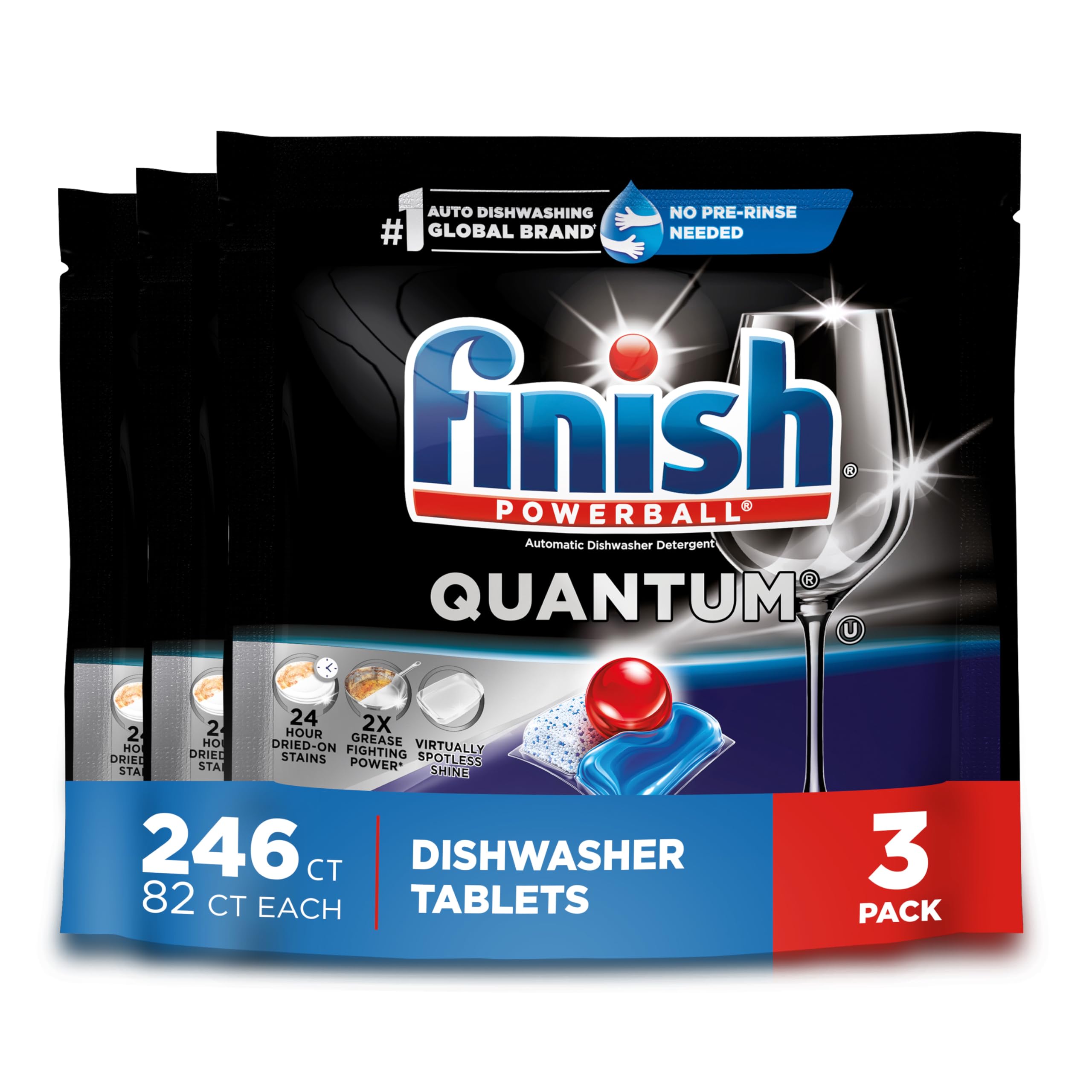 Quantum Dishwasher Pods, No Pre-Rinse Dishwasher Detergent Soap Removes 24HR Dried-On Stain and Grease, Leaving a Virtually Spotless Shine, 82ct (Pack of 3)