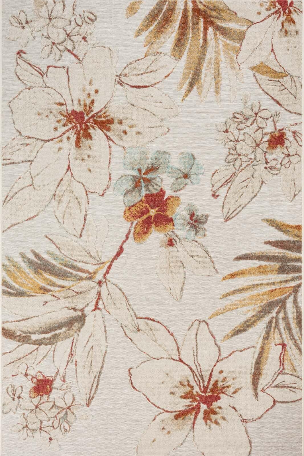 Taracarpet In & Outdoor Teppich Wetterfest Wohnzimmer Balkon Küchenteppich Terrassenteppich Flachgewebe mit Muster Lilien floral Creme grau 240x340 cm
