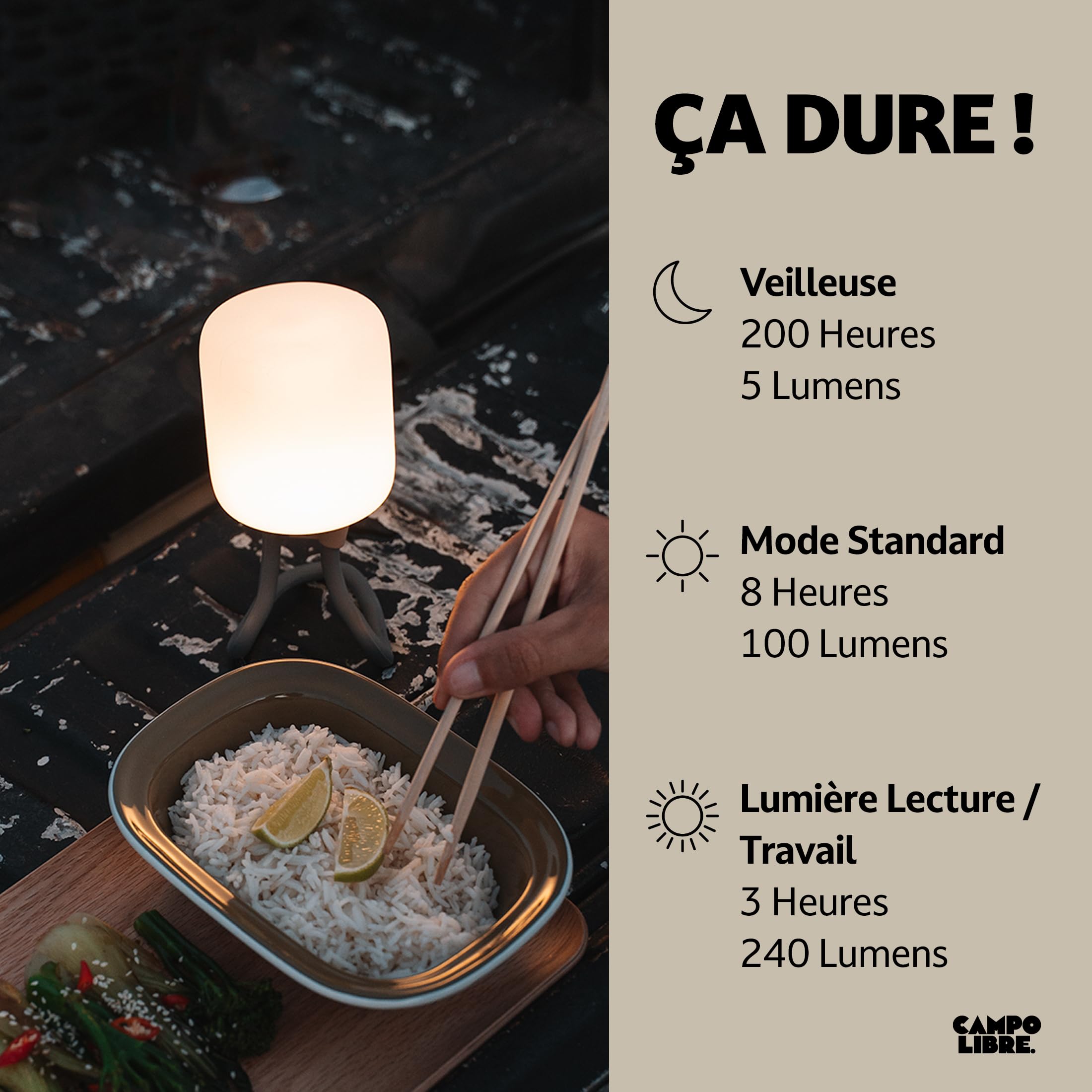 Campo Libre.® LENI Lampe de Camping – Lumiere Exterieure avec Poignée Flexible, Lampe LED Dimmable, Lanterne IPX4, 200 h d’Autonomie, Coque SqueezeShell Incassable, Recharge USB-C, Rectangle, Gris