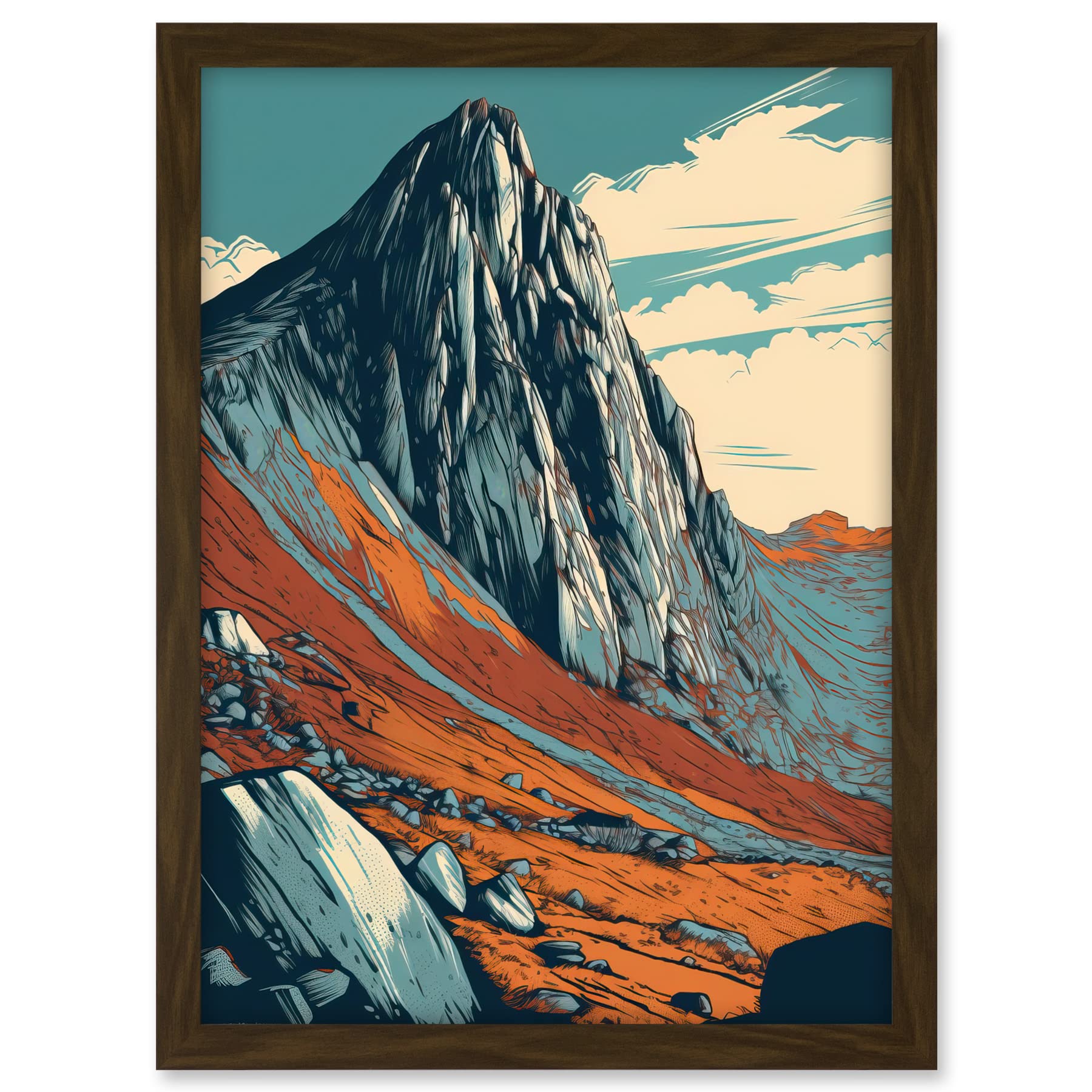 Artery8 Tryfan Mountain Peak Landscape Teal Brown Linocut Artwork Framed A3 Wall Art Print