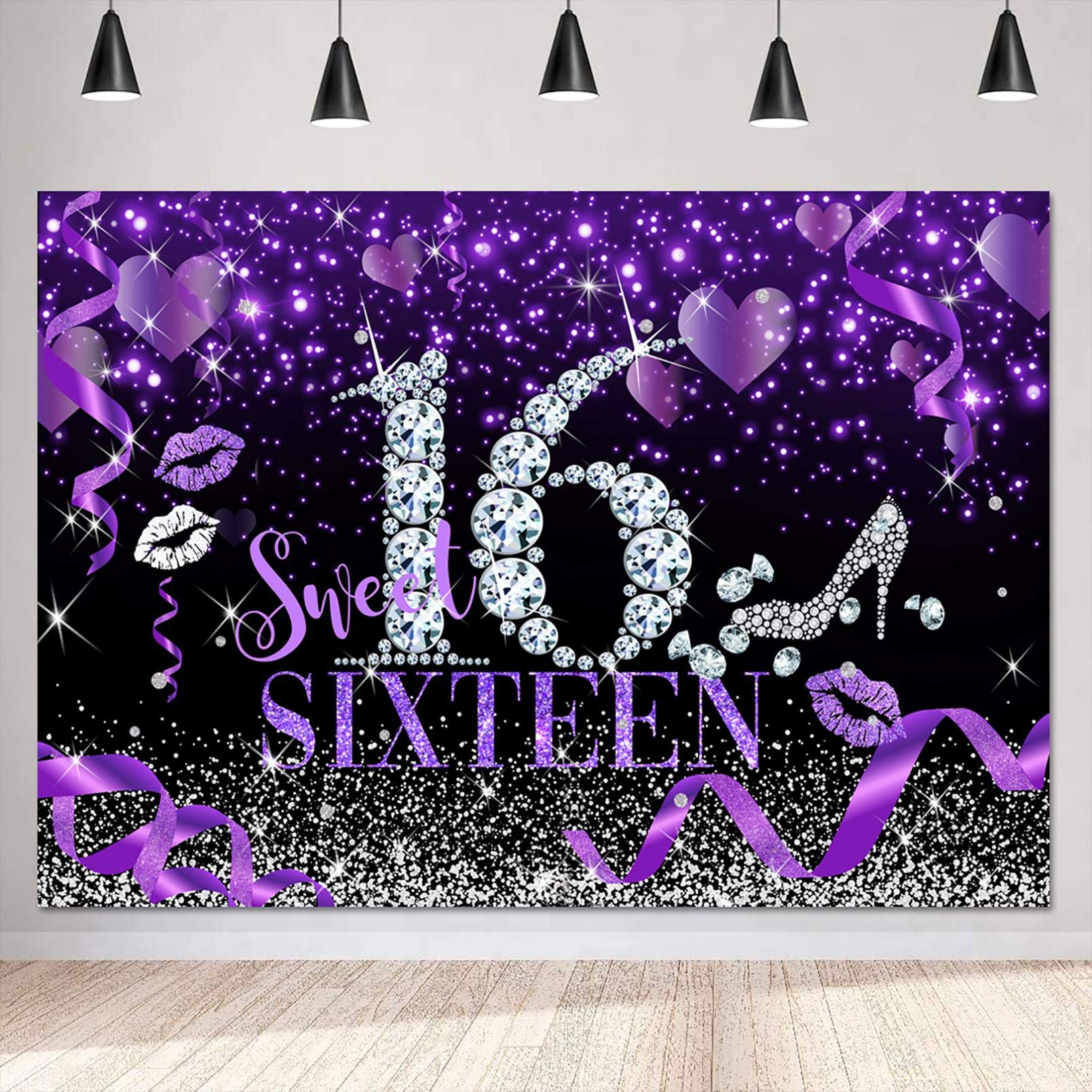 Sensfun Sweet 16 Silver Purple Bokeh Glitter Backdrop 7x5ft for Girls Happy 16th Birthday Party Decorations Banner Diamonds High Heels Sweet Sixteen