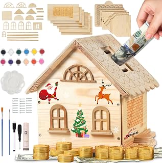 Piggy Bank for Kids, Wooden House Piggy Bank Toy for Boys Girls Adults 10000 Savings Challenge Box Cash Vault Money Saver with Paint Set DIY Wood Craft Kits Gift for Birthday Christmas