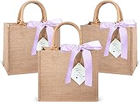 Vista 10 de Paquete de 6 bolsas de arpillera con asas reutilizables pequeñas bolsas de regalo de yute con cintas de seda moradas, forro impermeable para boda