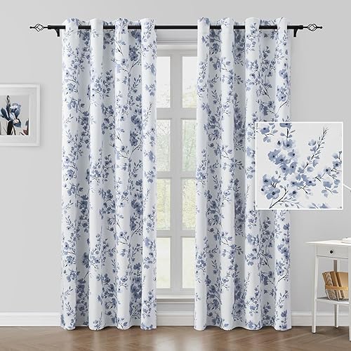 Miniatura 4 de HOMEIDEAS Cortinas opacas florales grises y azules, 52 x 84 pulgadas de largo para oscurecer la habitación, cortinas con ojales para sala de estar,