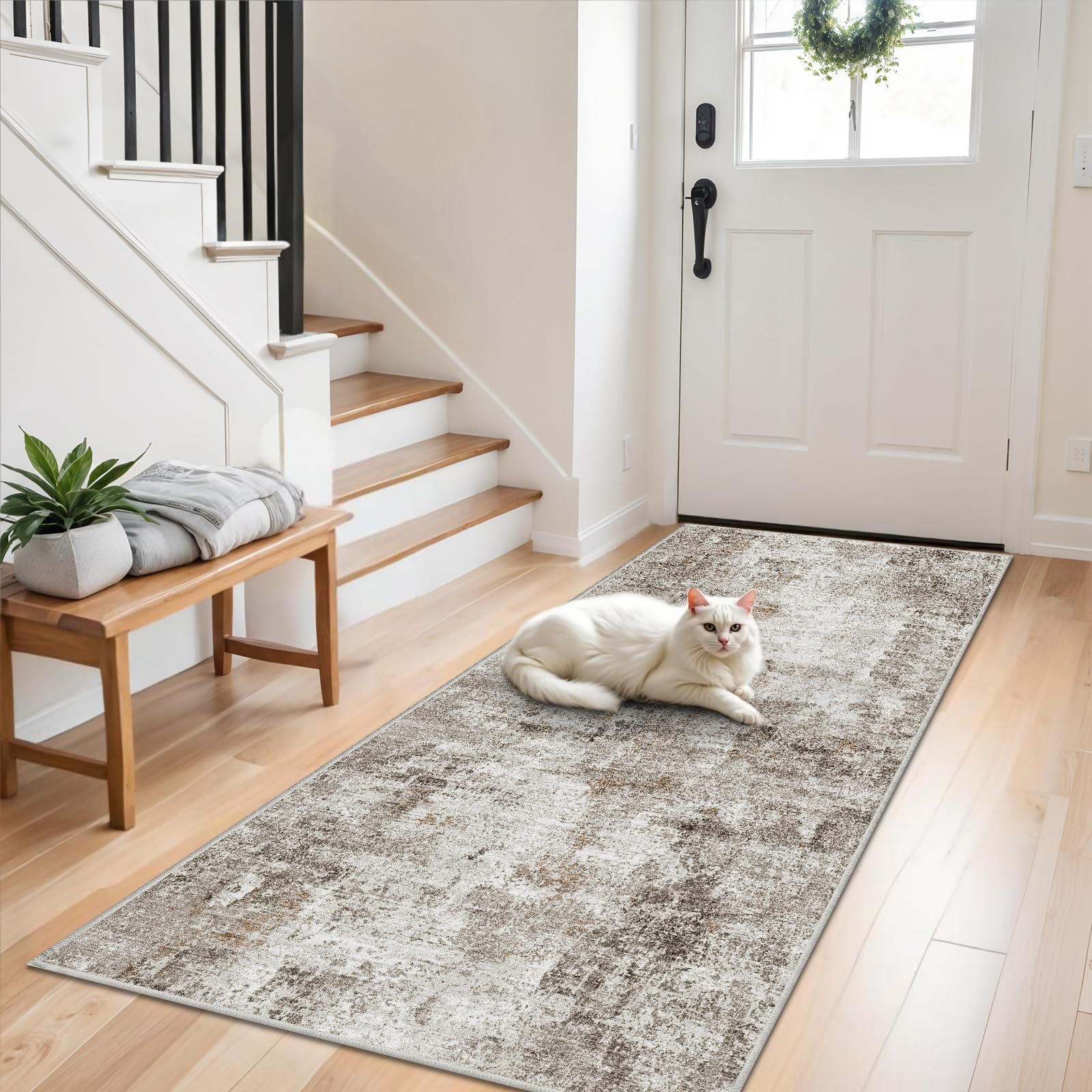 3x7 Washable Non-Slip Kitchen Runner Rug – Modern Abstract Neutral Beige & Gray Carpet for Hallway, Entryway, Bedroom, Laundry Room – Low-Pile Thin