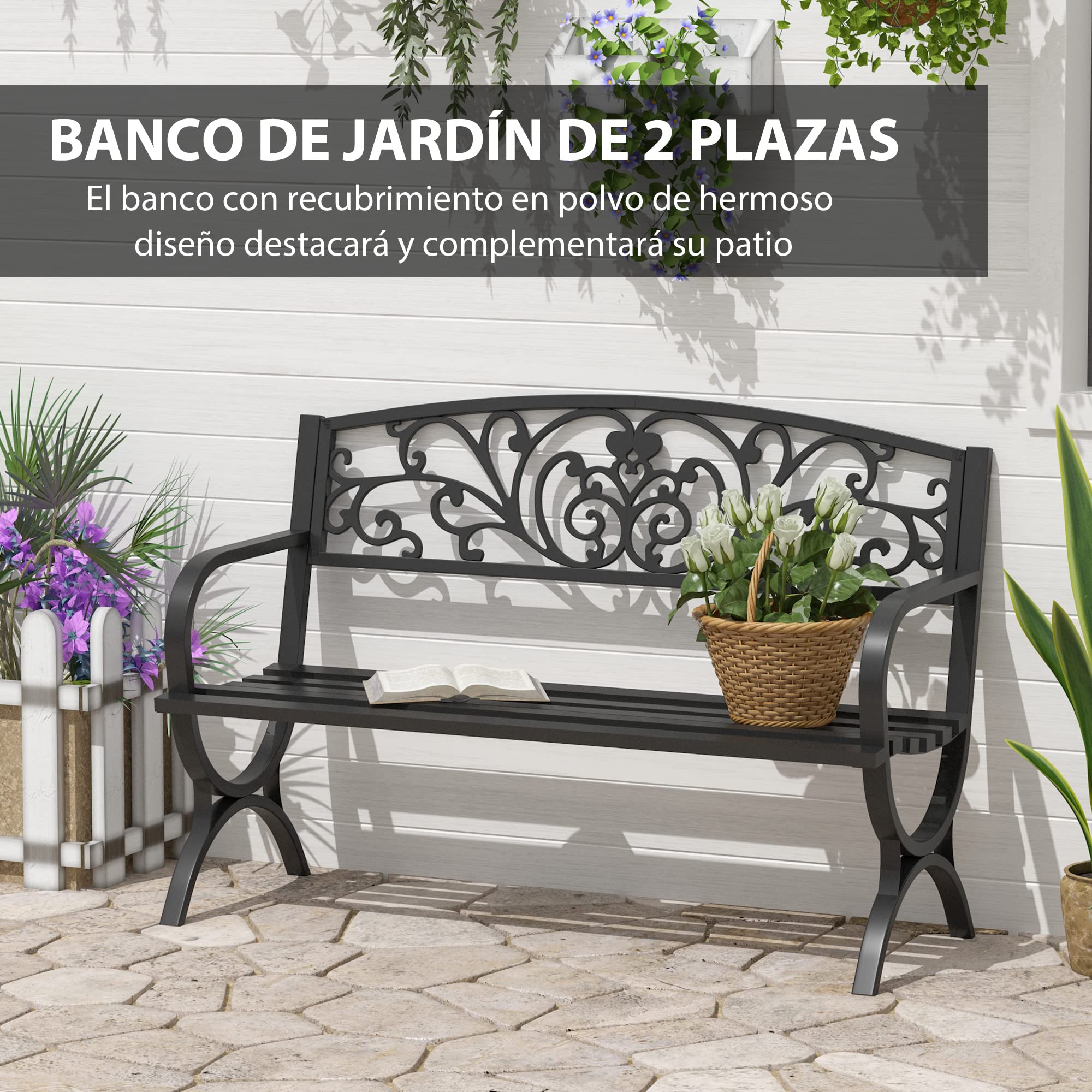 Outsunny Banco de Jardín de 2 Plazas Banco de Terraza de Hierro con Diseño Clásico Patrón Floral Carga 240 kg 127x60x85cm Negro