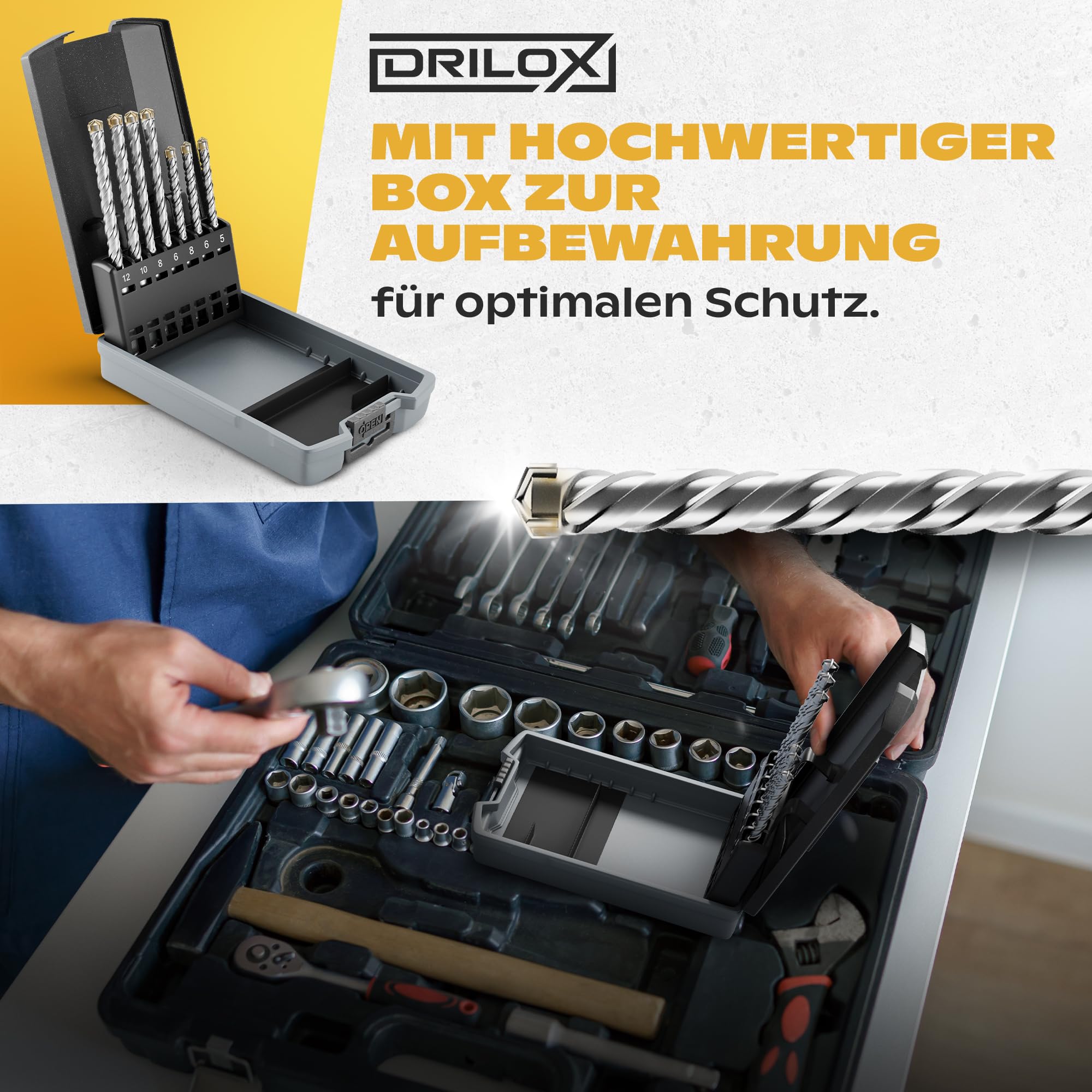 DRILOX SDS Plus Bohrer Set 7-teilig Ø 5–12mm (110/160 mm), Betonbohrer Set für Beton, Stein & Mauerwerk, 4-Schneider Design mit Karbidspitzen Baumarkt