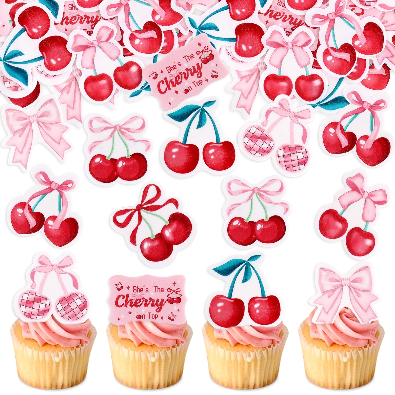 40PCS Edible Cherry Bowknot Cupcake Toppers She is the Cherry on Top Pink Bowknot Red Cherry Friut Theme Baby Shower Kids Birthday Girl Glutinous Rice