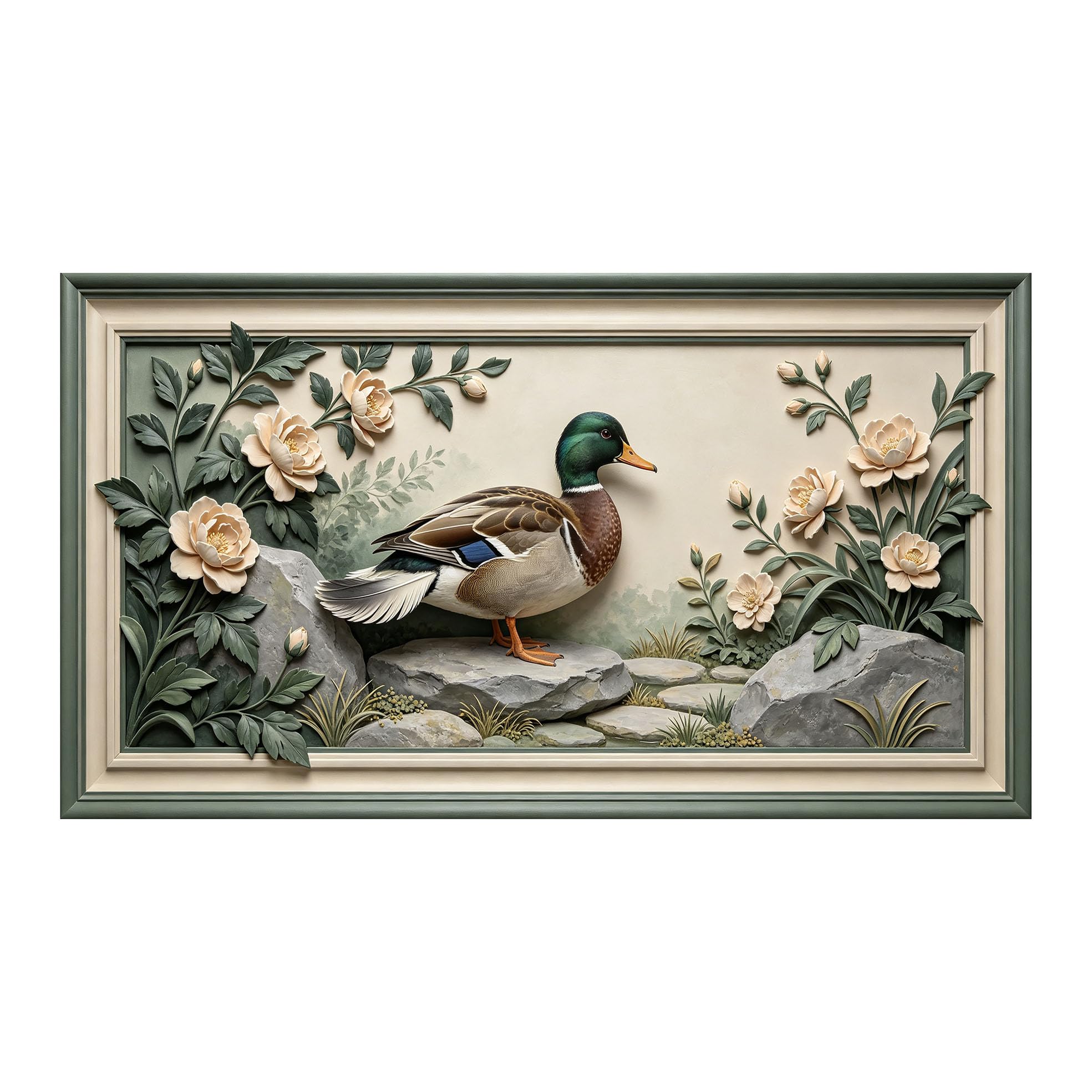 Yzpallescene 3D 3D Framed Wall Art 50cm×90cm Mallard Duck Floral Botanical Relief Effect Large Size SelfAdhesive Removable Wall Decor Prints Artwork for Living Room Bedroom Office