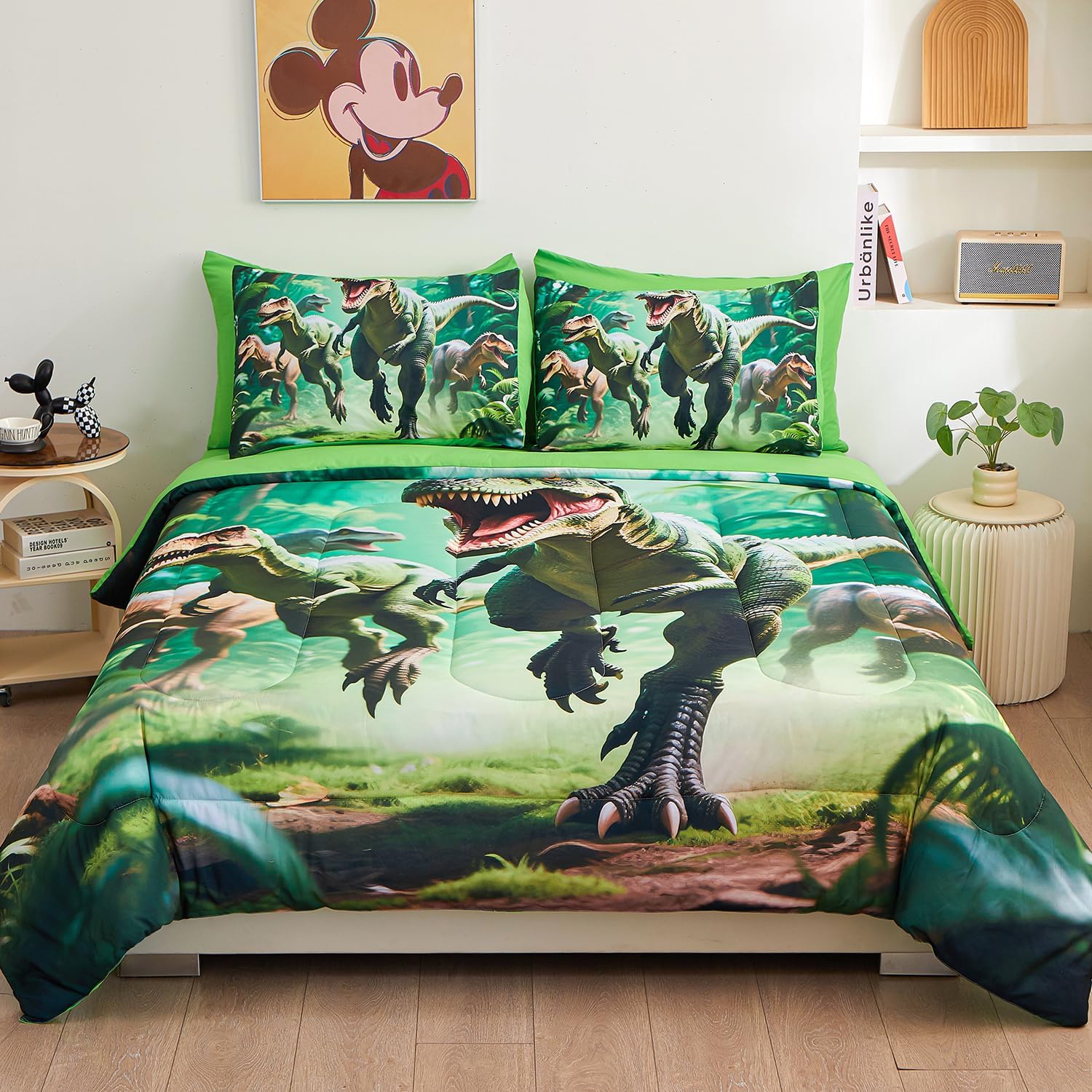 Kid Twin Comforter Set 5 Piece Dinosaur Bedding Set for Boys, Ultra Soft and Fluffy, Tyrannosaurus Rex Bed & Jungle in a Bag with Comforter Sheets Pillowcase & Sham