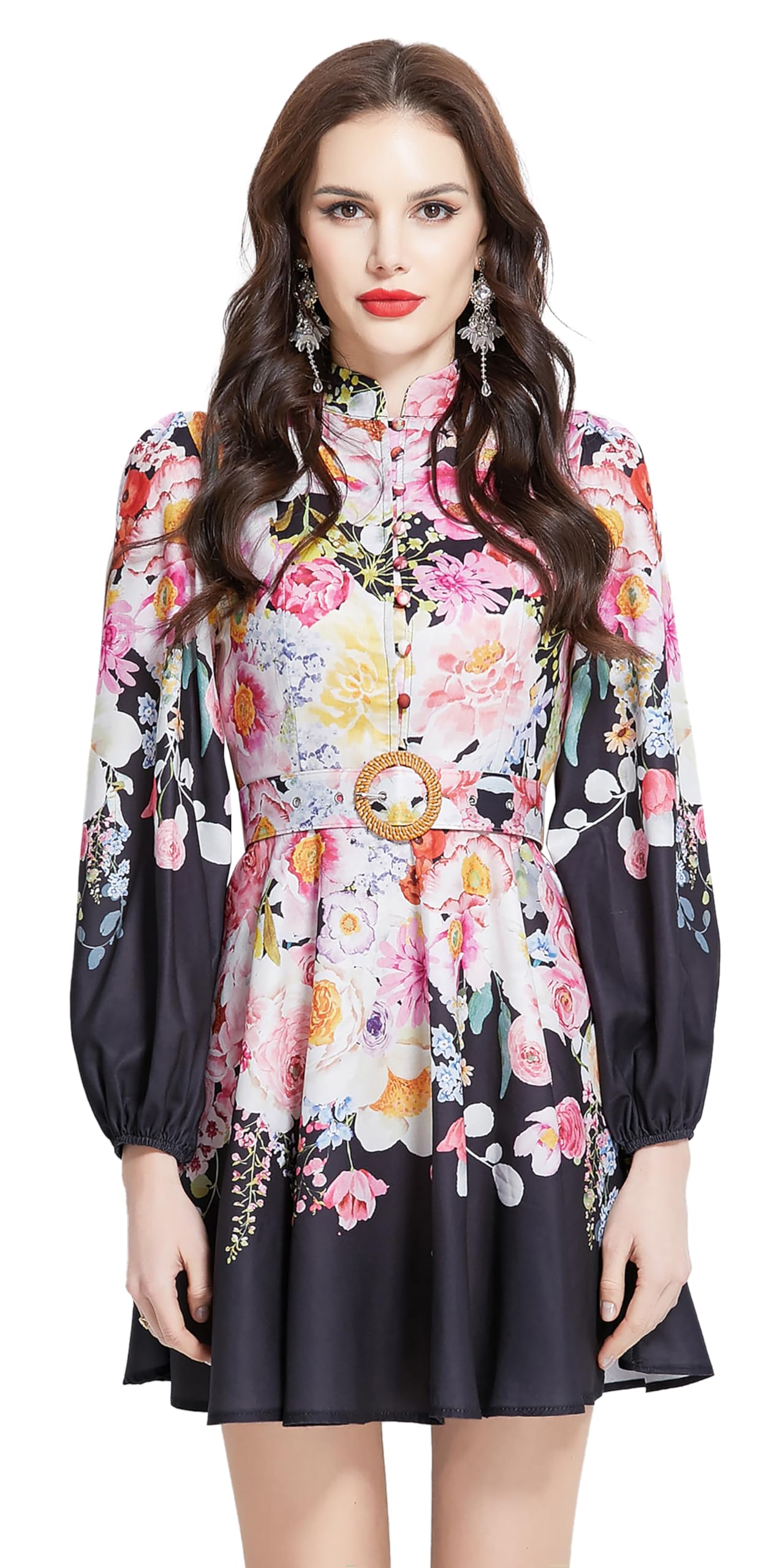 LAI MENG FIVE CATS Women's Lantern Sleeve Floral Print Button up Casual A-line Mini Dress