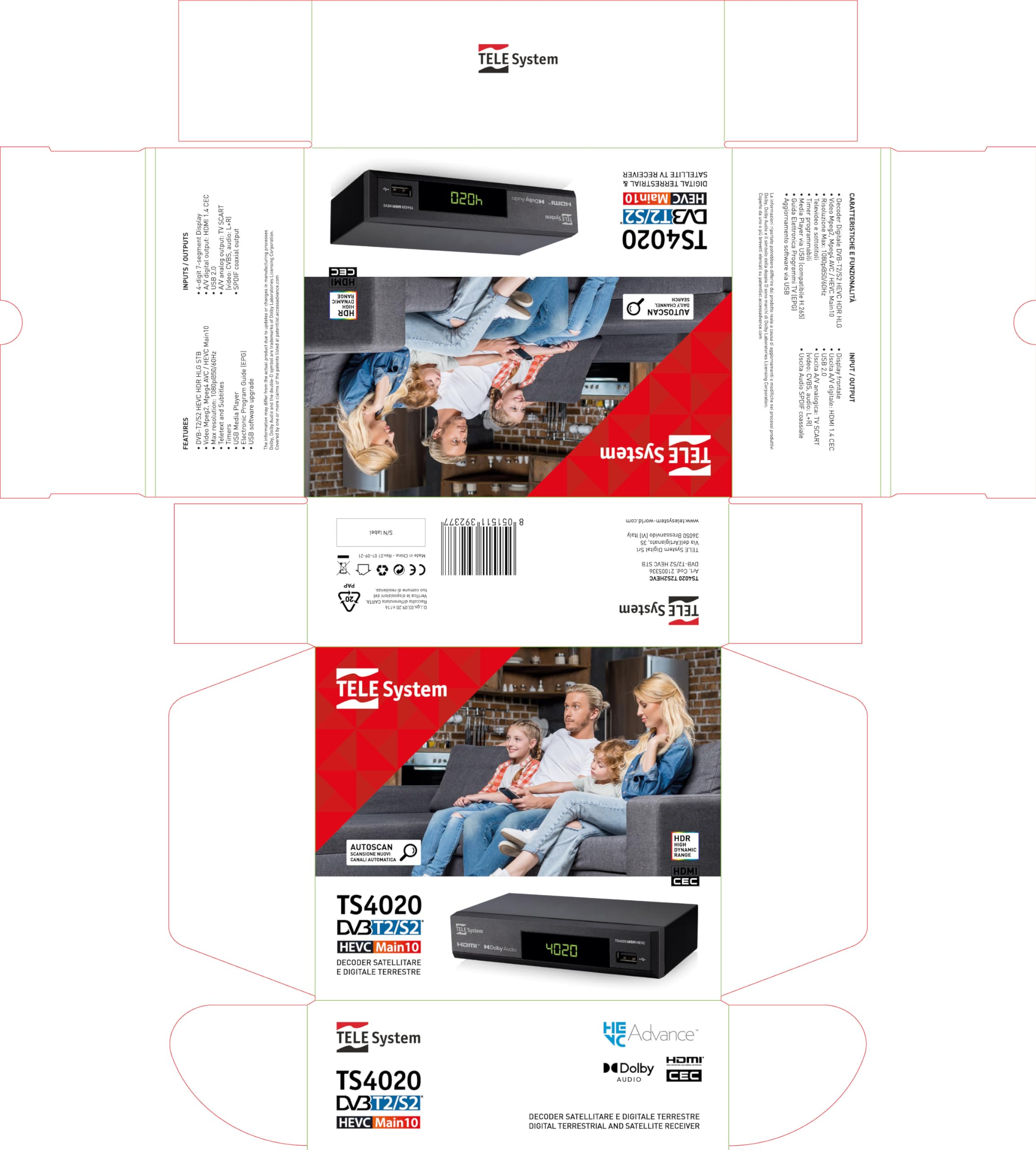 TELE System TS4020 T2S2HEVC COMBO Decodificador digital terrestre y por satélite DVB-T2/S2 HEVC HD HDR10 HLG con pantalla