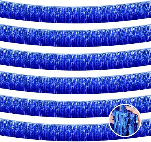6 Pack 10 Feet Blue Foil Fringe Garland Metallic Tinsel Streamers, Wall Hanging Curtain Backdrop Banner for Parade Floats, Wedding, Birthday, Christmas Party Decorations