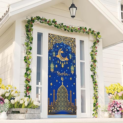 Miniatura 2 de FARMNALL Eid Ramadan Mubarak - Cubierta de puerta para Ramadán decoraciones de luna y estrella decoración islámica pancarta de puerta decoración