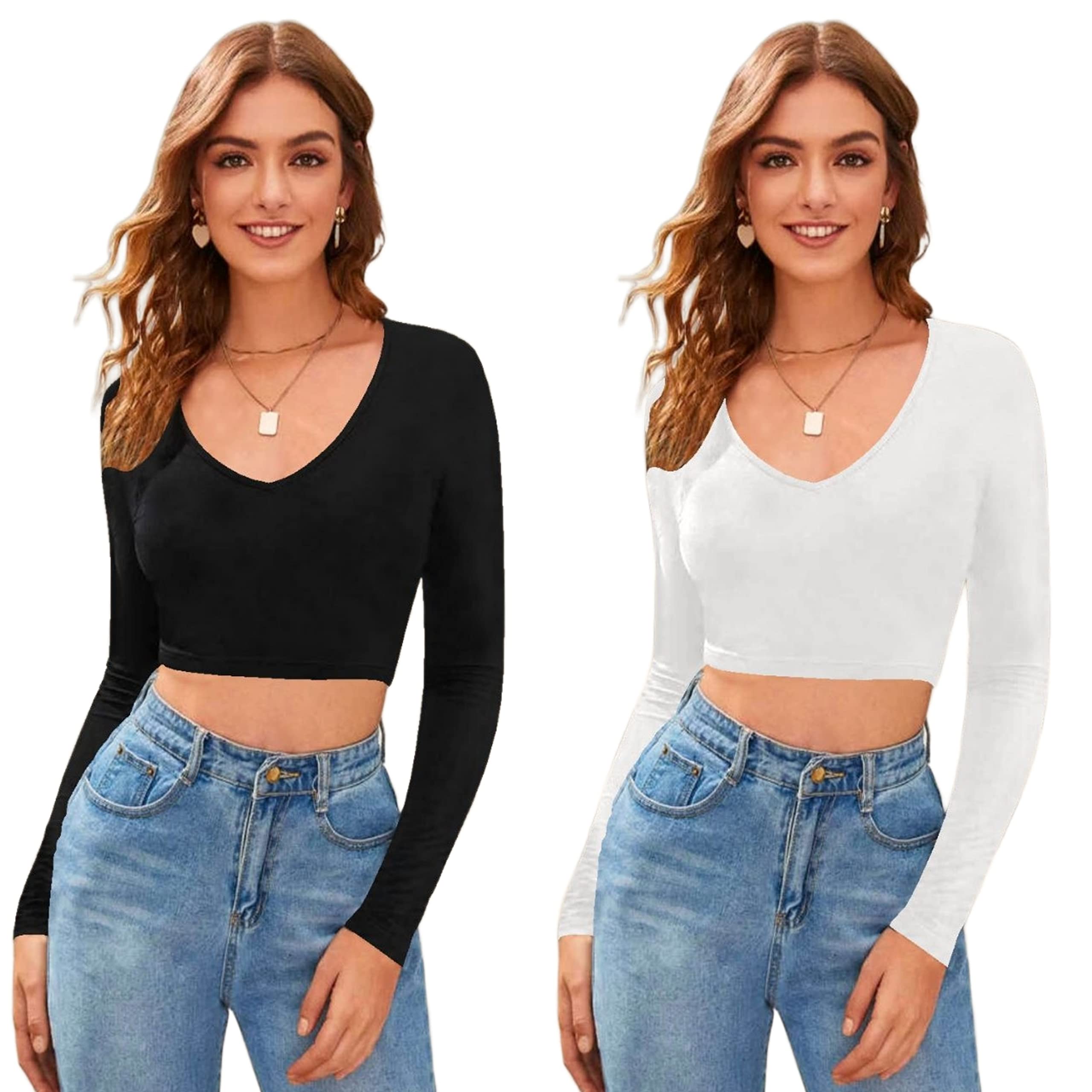 dream beauty fashion Women's Casual V Neck Long Sleeves Stylish Crop Tops- Pack of 2-17" Inches (Baati Black-Combo)-picture-17